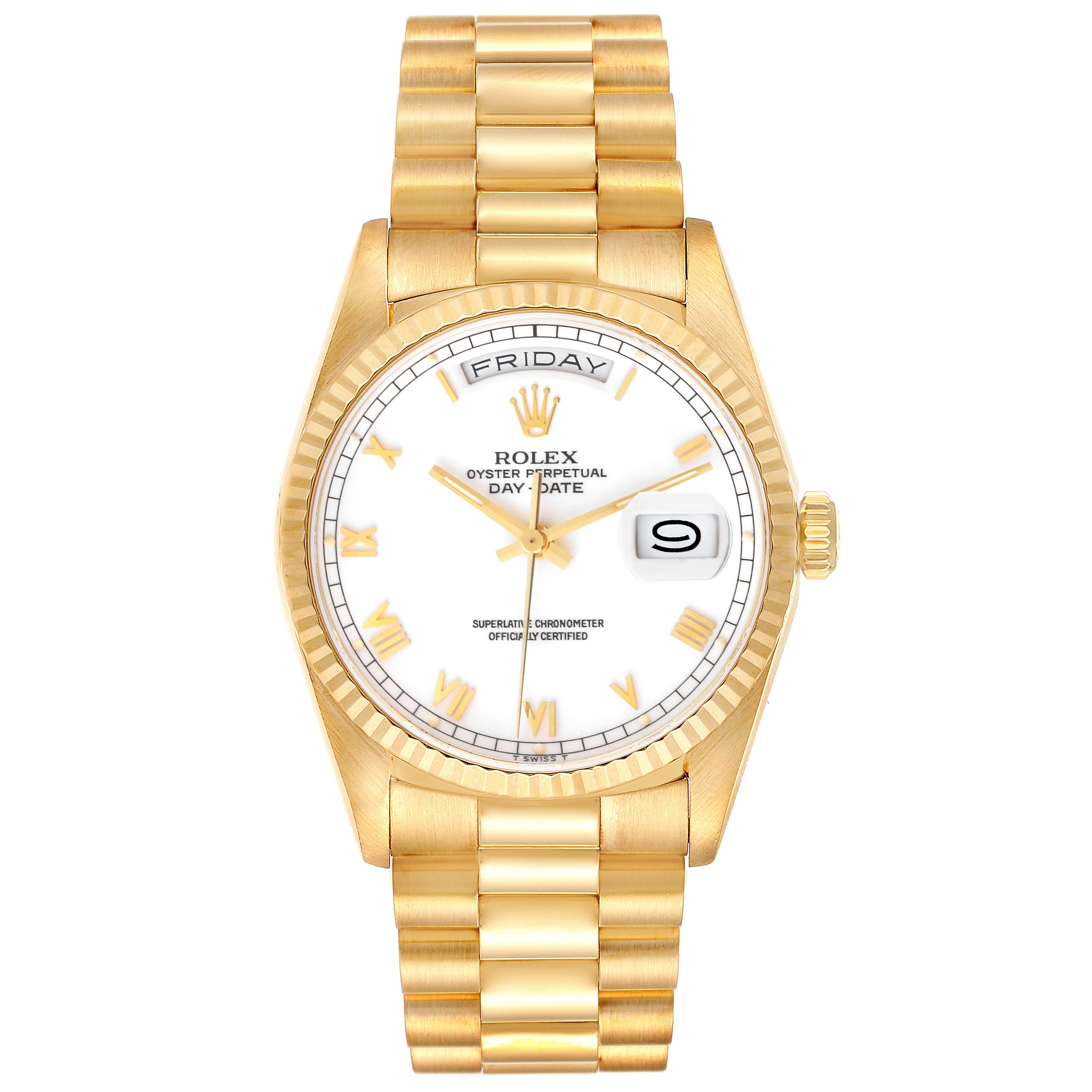 Rolex President Day-Date 18k Yellow Gold White Roman Dial Mens Watch 18238