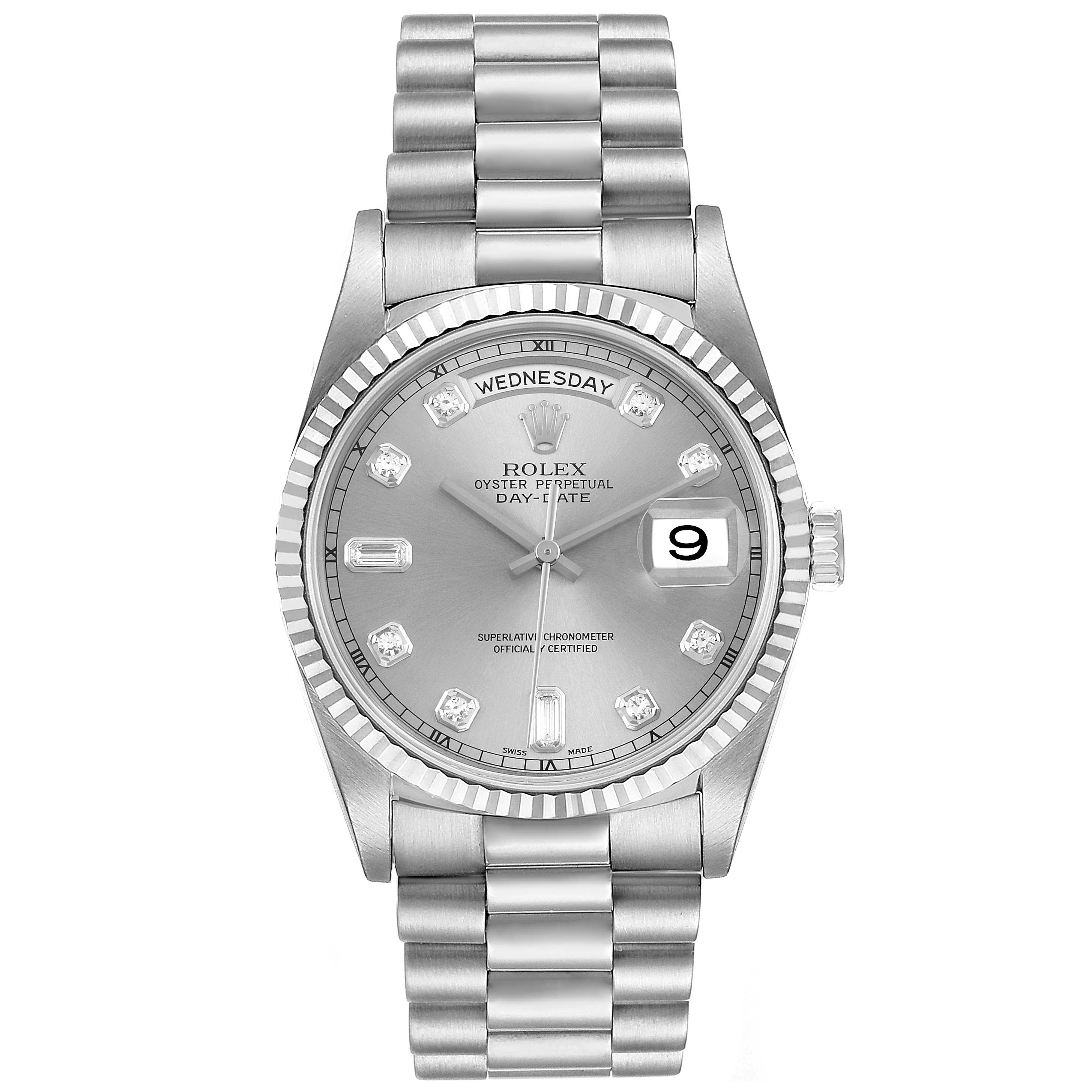 Rolex President Day-Date 36 White Gold Diamond Mens Watch 18239 Box Papers
