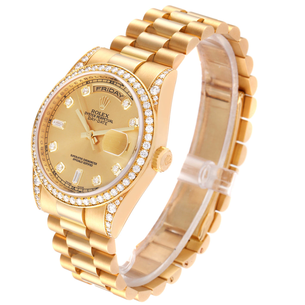 Rolex President Day-Date Yellow Gold Diamond Dial Bezel Lugs Mens Watch 118388