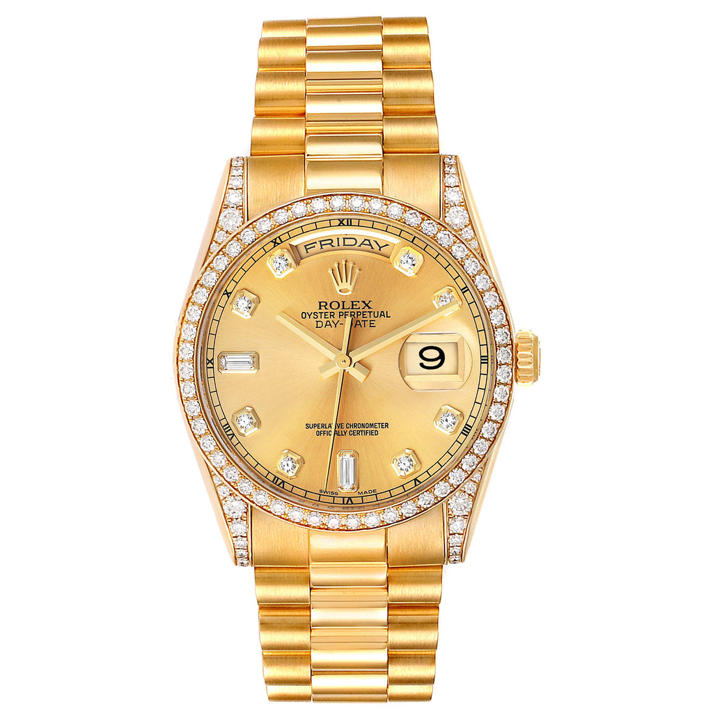 Rolex President Day-Date Yellow Gold Diamond Dial Bezel Lugs Mens Watch 118388