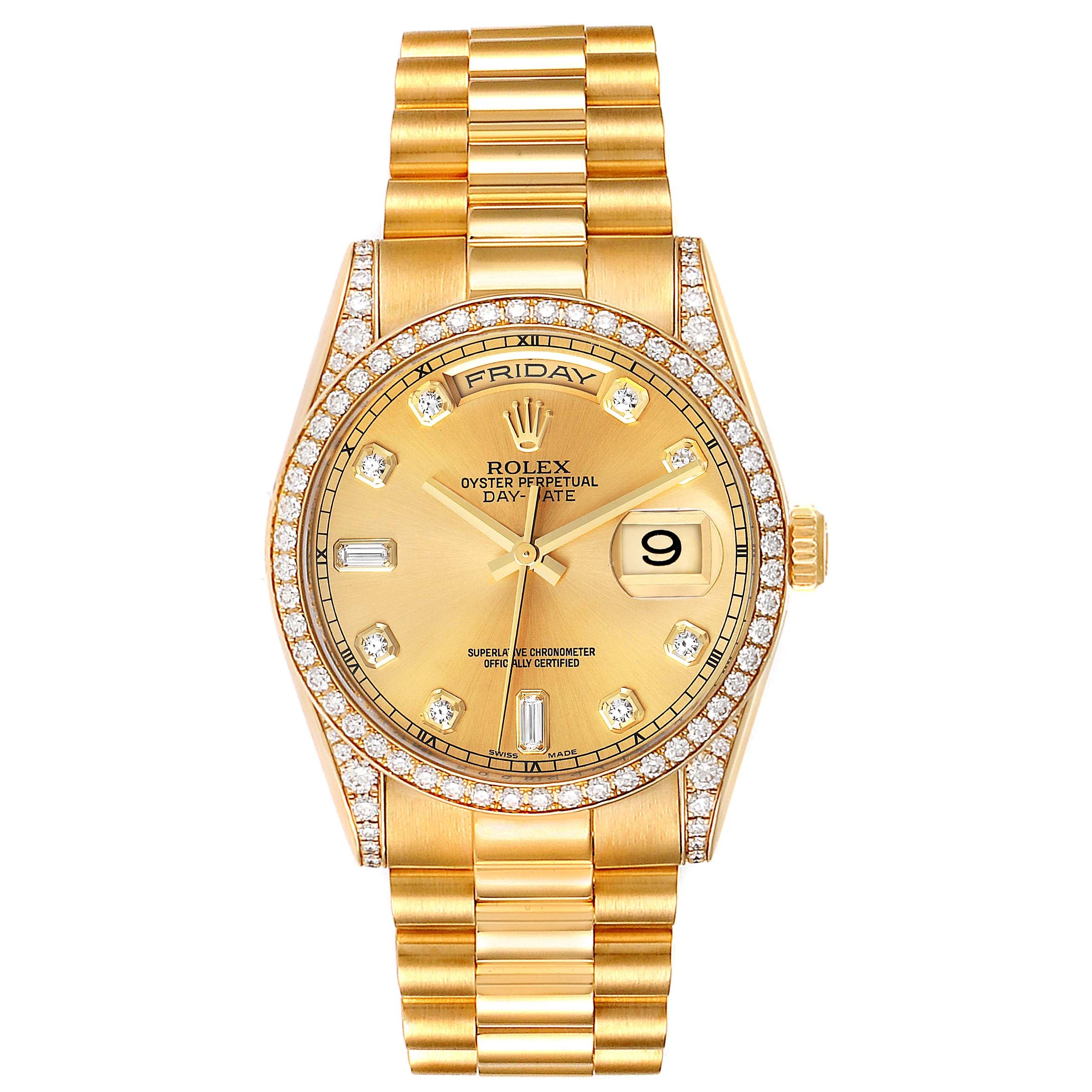 Rolex President Day-Date Yellow Gold Diamond Dial Bezel Lugs Mens Watch 118388