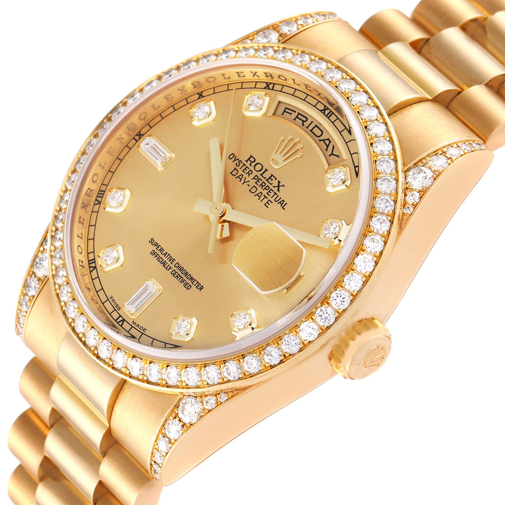 Rolex President Day-Date Yellow Gold Diamond Dial Bezel Lugs Mens Watch 118388