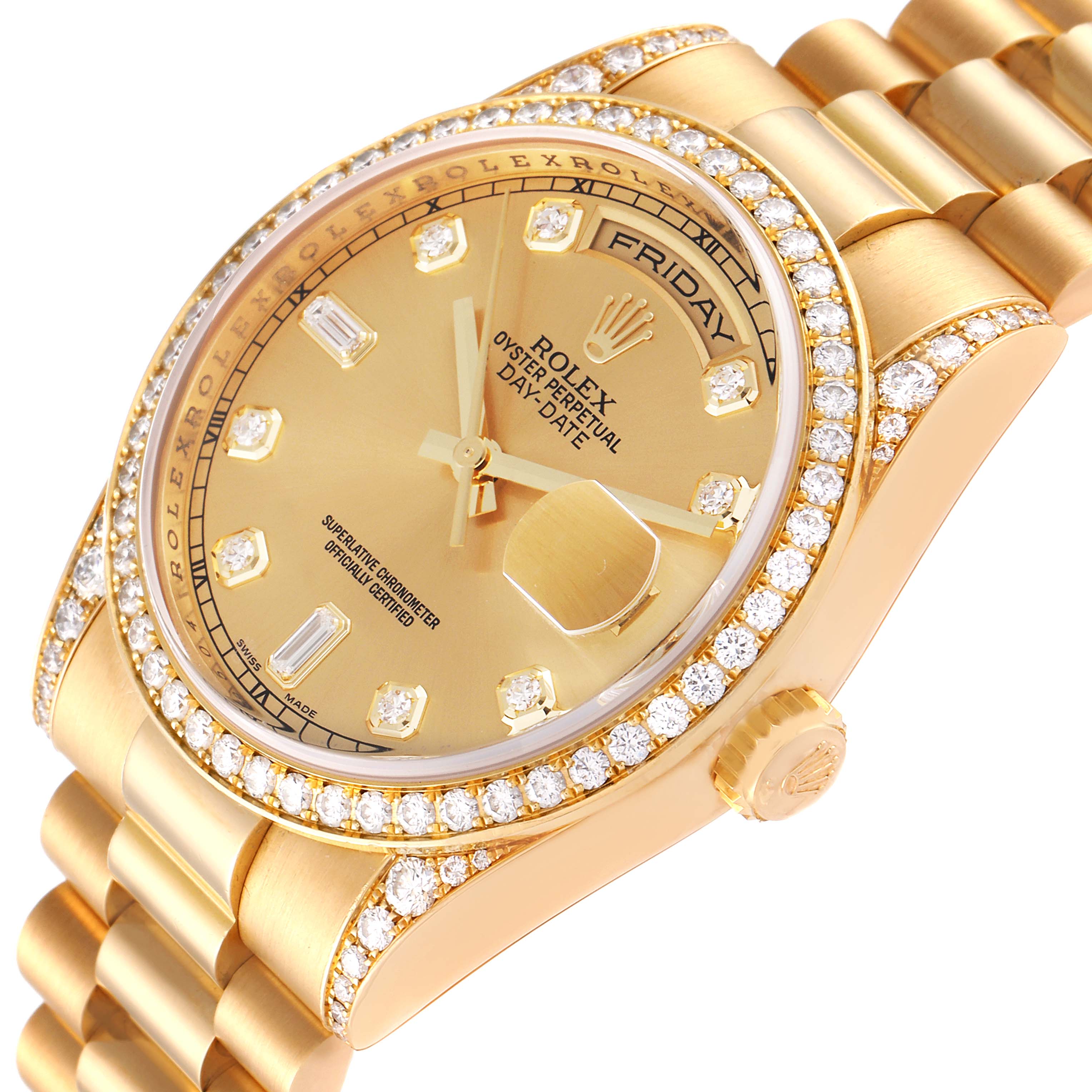 Rolex President Day-Date Yellow Gold Diamond Dial Bezel Lugs Mens Watch 118388