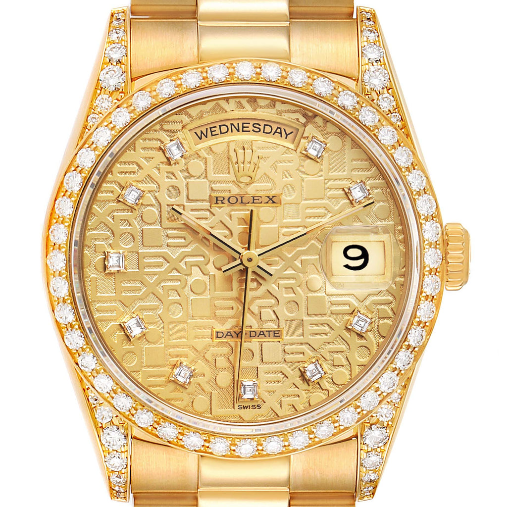 Rolex President Day-Date 36 Yellow Gold Diamond Mens Watch 18388 Box Papers