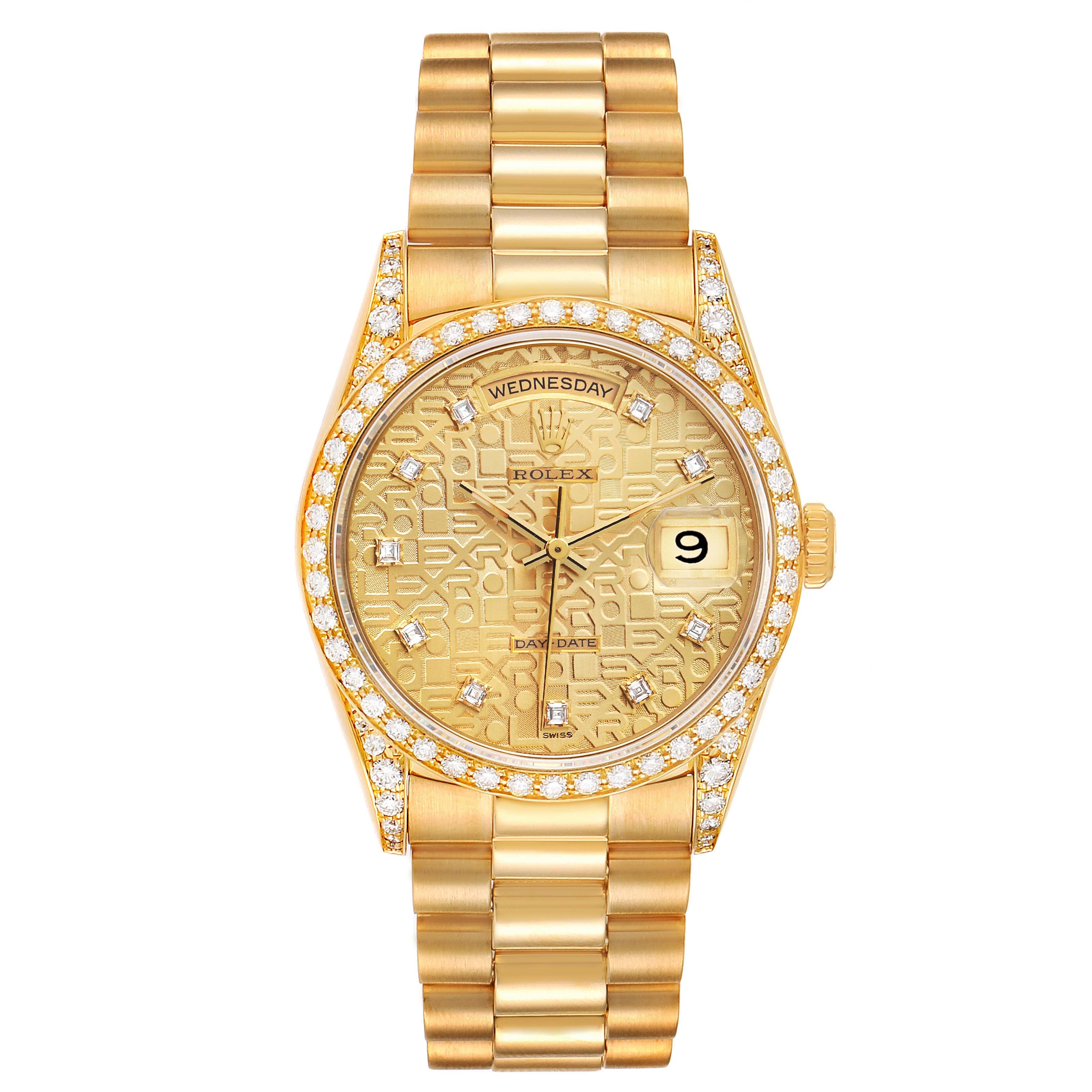 Rolex President Day-Date 36 Yellow Gold Diamond Mens Watch 18388 Box Papers