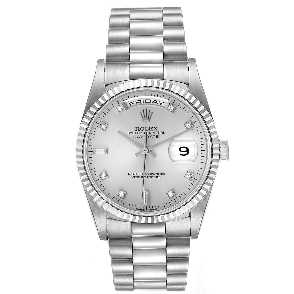 Rolex President Day-Date 36mm White Gold Diamond Mens Watch 18239 Box Papers