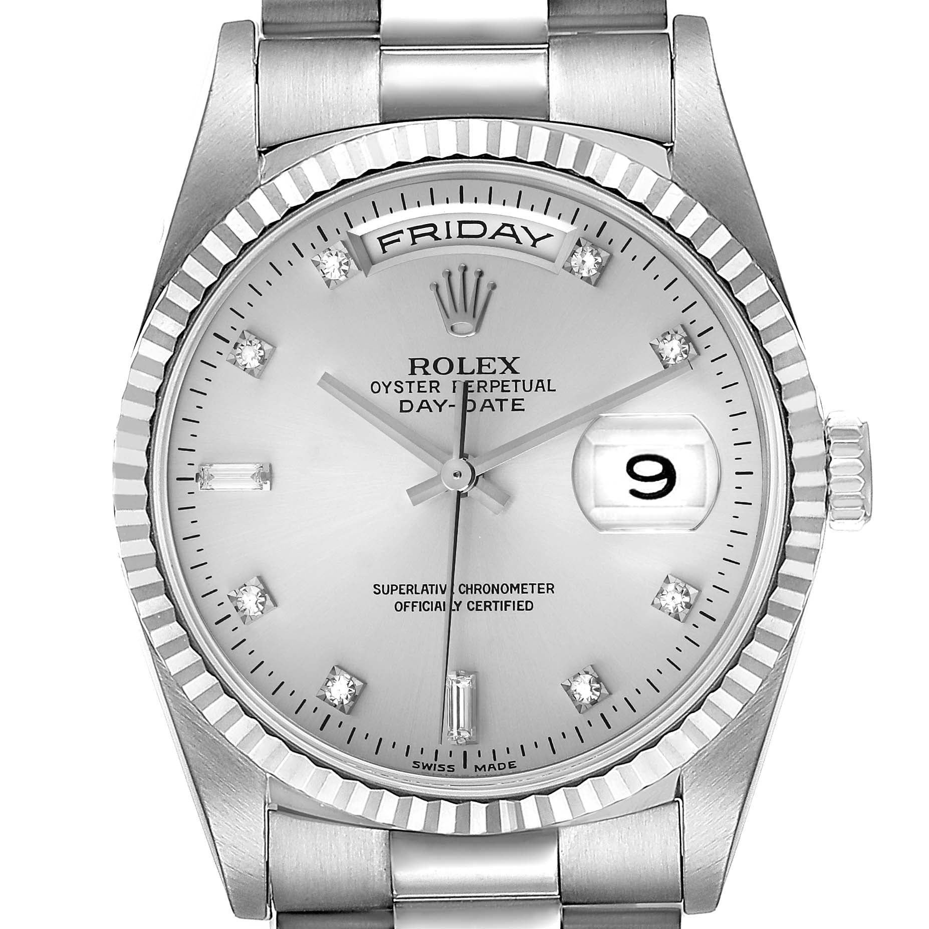 Rolex President Day-Date 36mm White Gold Diamond Mens Watch 18239 Box Papers