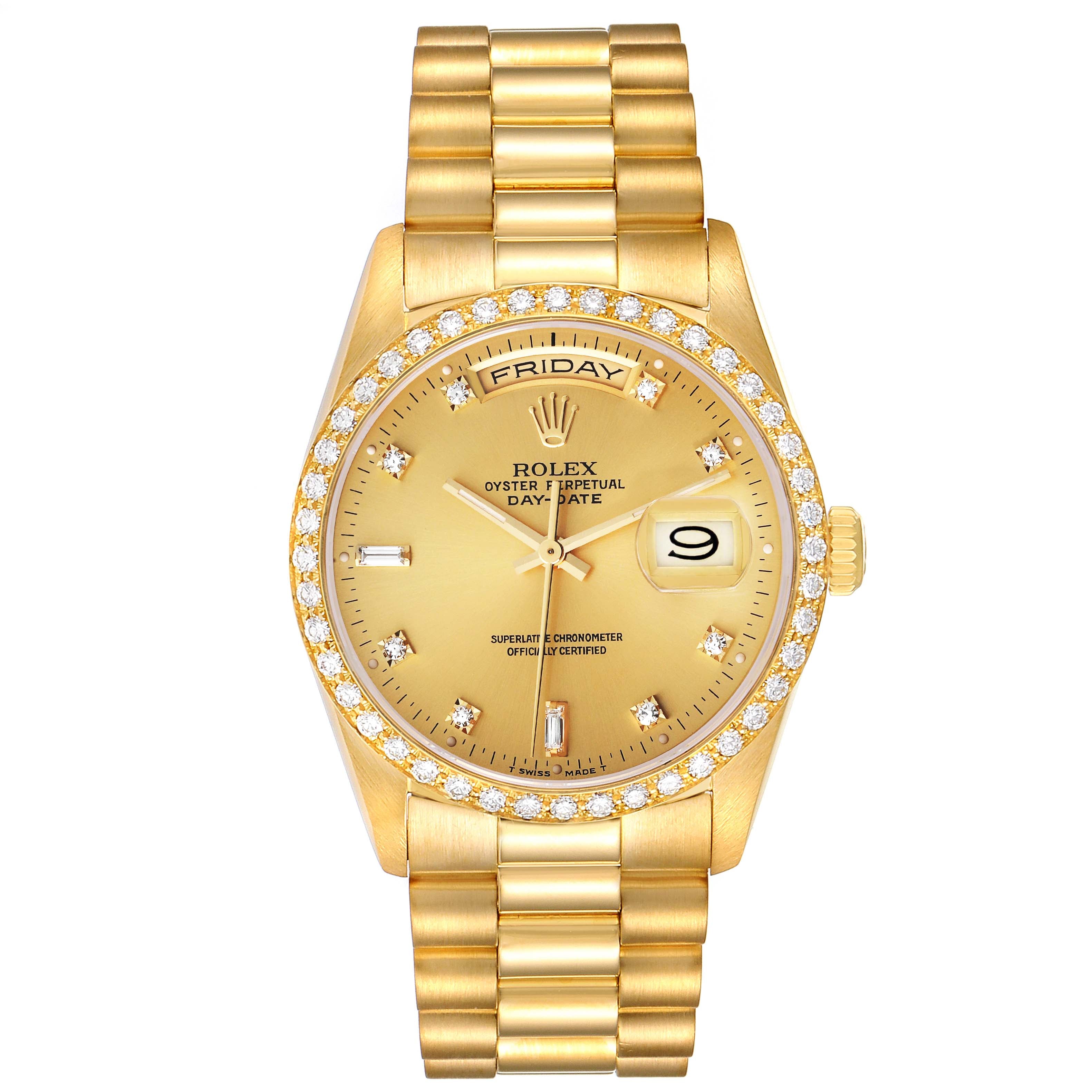 Rolex President Day-Date 36mm Yellow Gold Diamond Bezel Mens Watch 18348