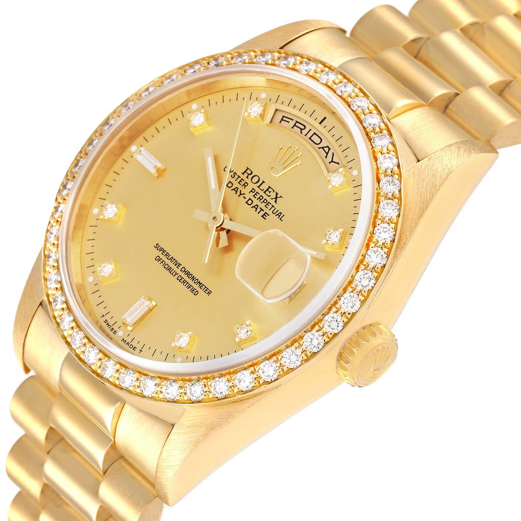 Rolex President Day-Date 36mm Yellow Gold Diamond Bezel Mens Watch 18348