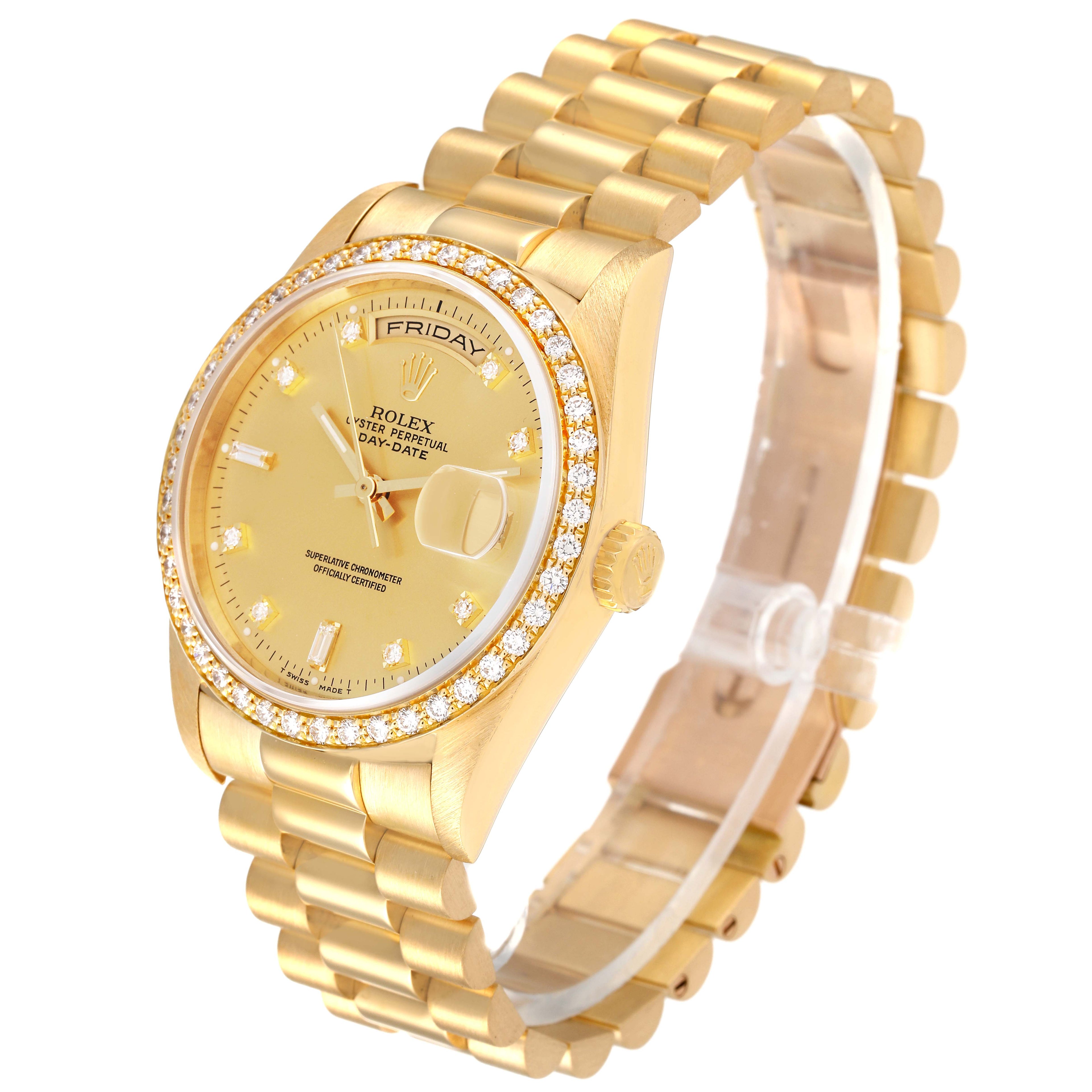 Rolex President Day-Date 36mm Yellow Gold Diamond Bezel Mens Watch 18348