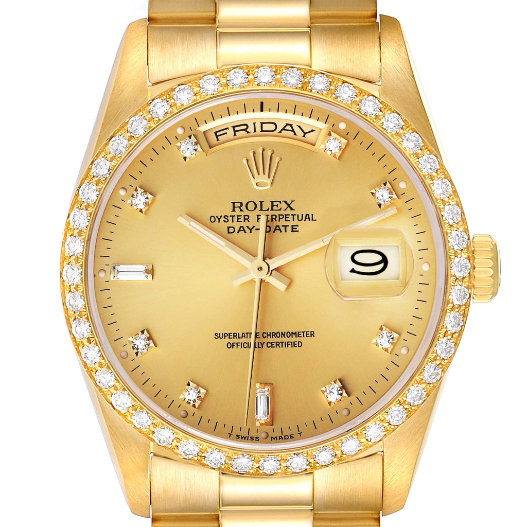 Rolex President Day-Date 36mm Yellow Gold Diamond Bezel Mens Watch 18348