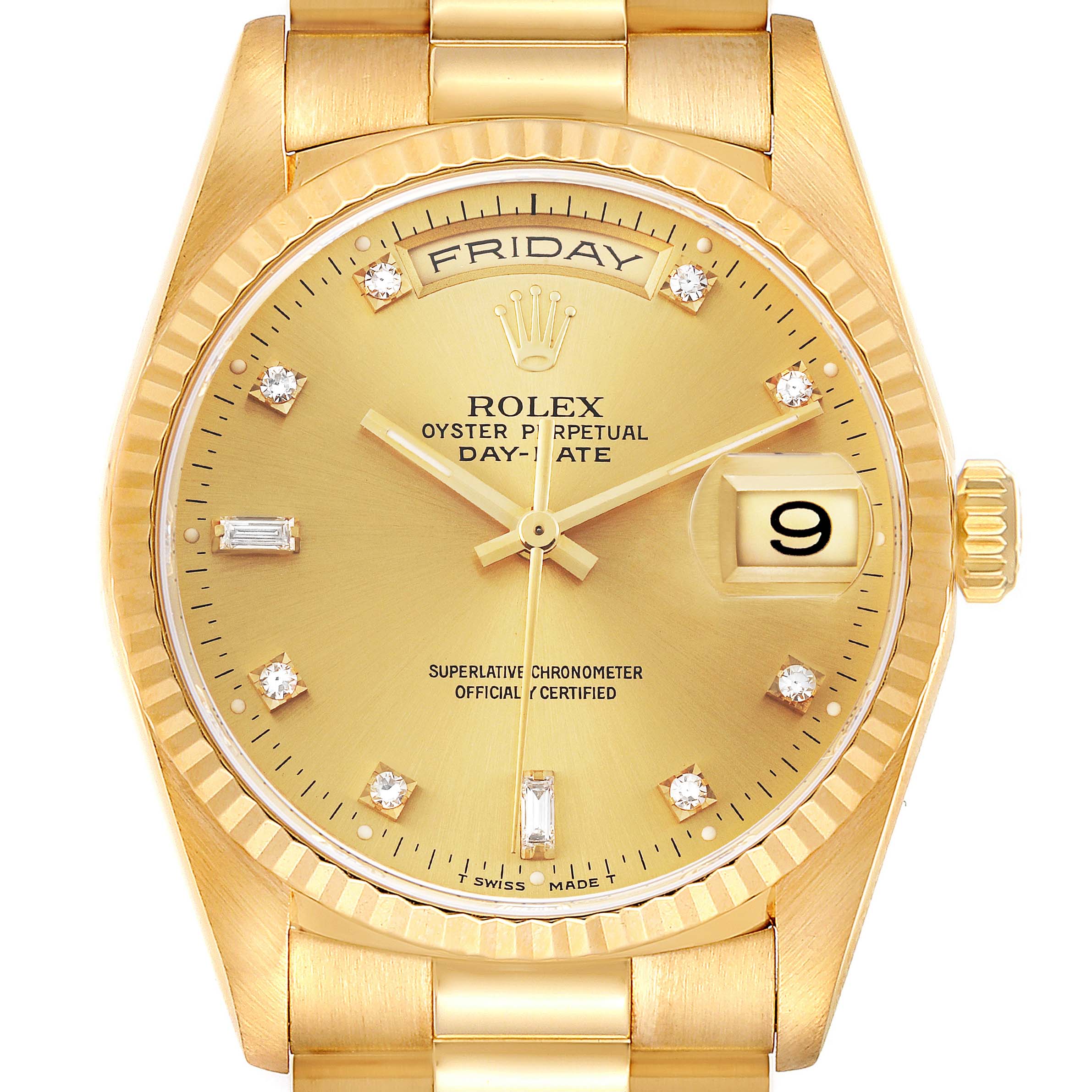 Rolex President Day-Date 36mm Yellow Gold Diamond Mens Watch 18238 + 2 Extra links