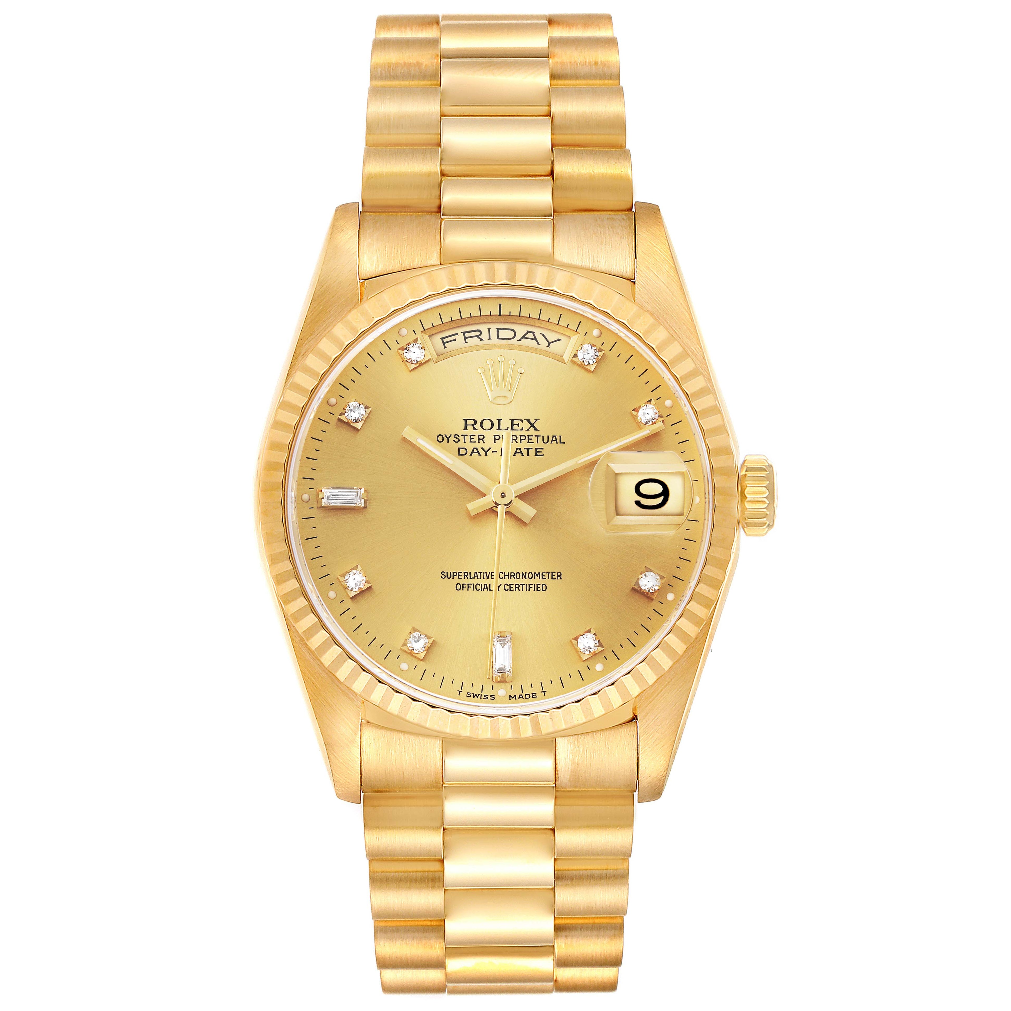 Rolex President Day-Date 36mm Yellow Gold Diamond Mens Watch 18238 + 2 Extra links