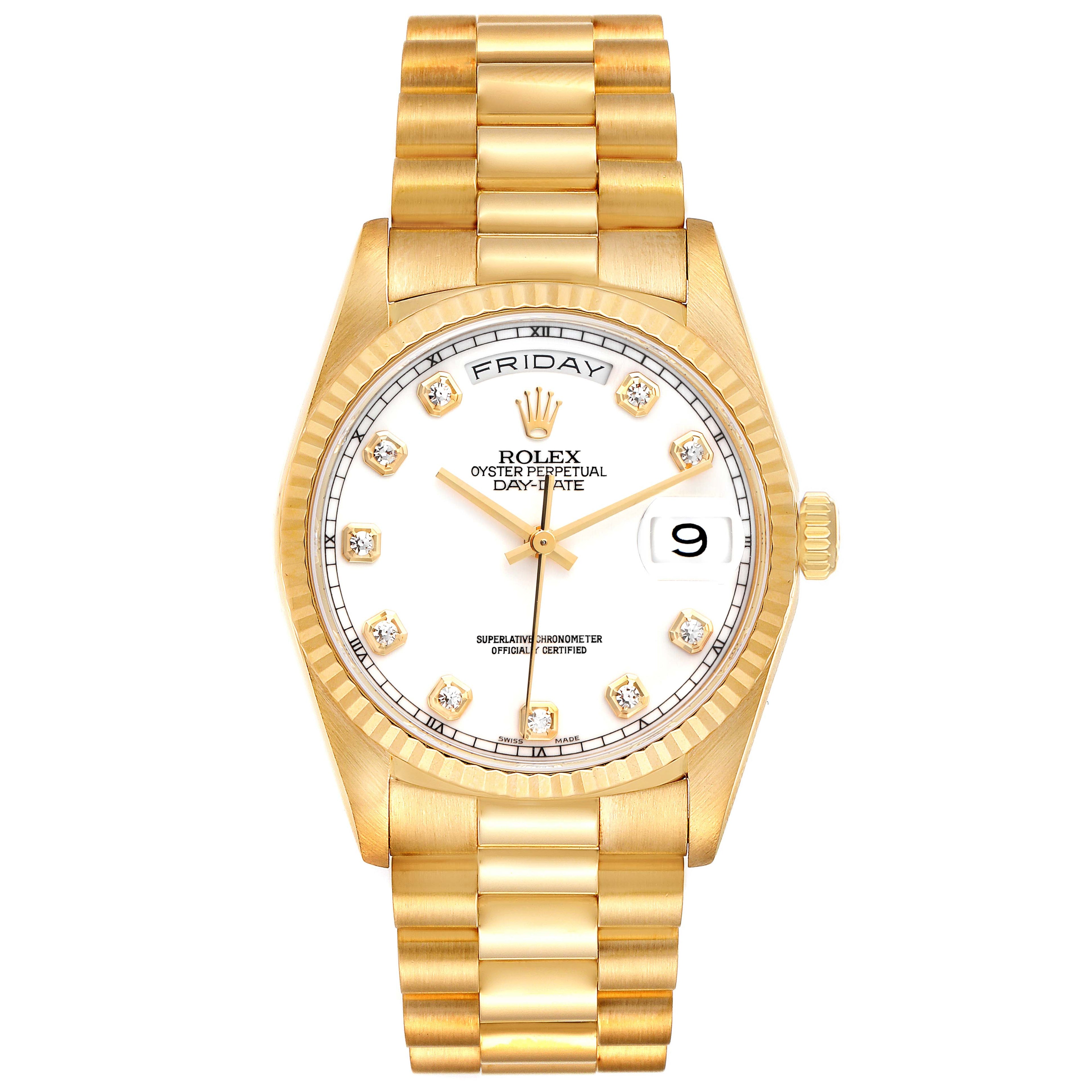 Rolex President Day-Date 36mm Yellow Gold Diamond Mens Watch 18238 Box Papers