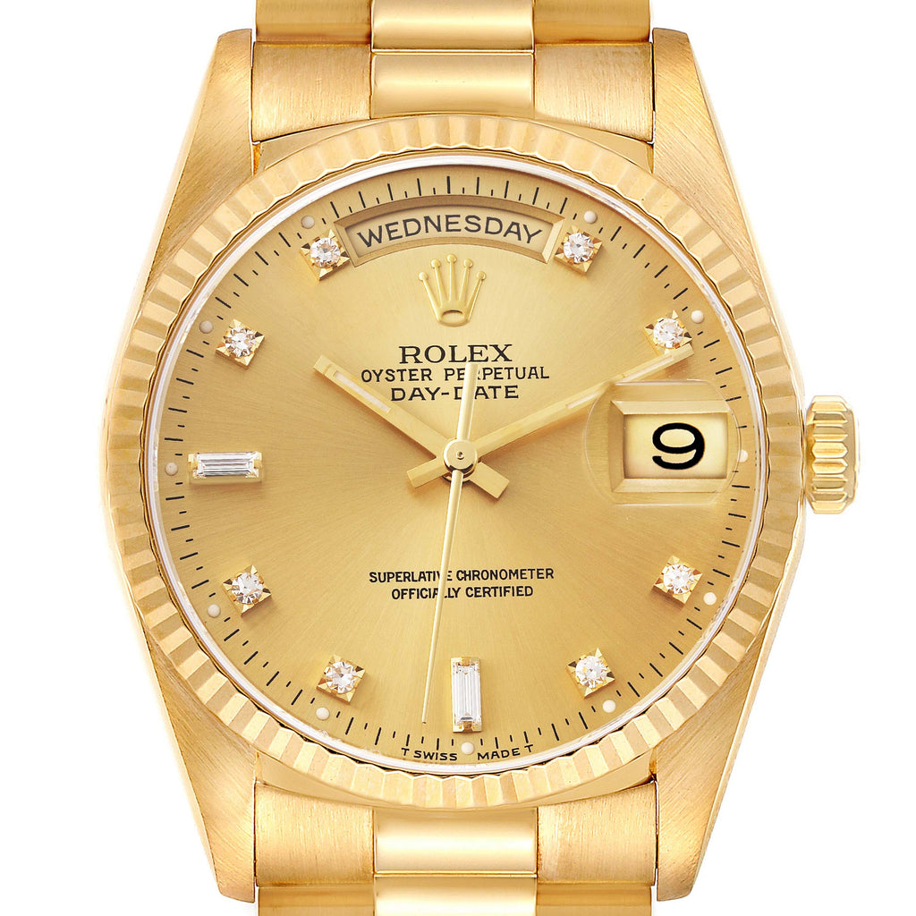 Rolex President Day-Date 36mm Yellow Gold Diamond Mens Watch 18238 Papers