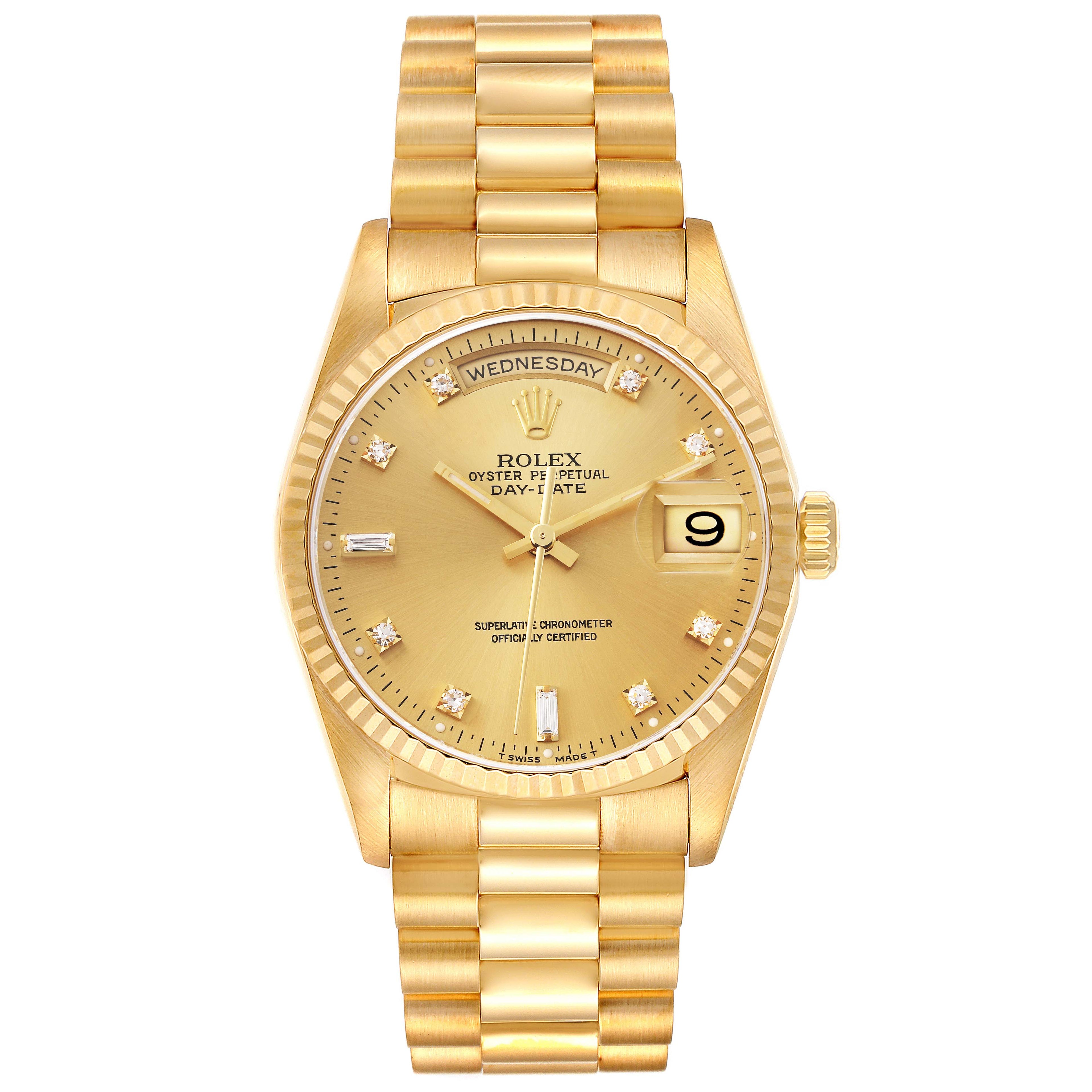 Rolex President Day-Date 36mm Yellow Gold Diamond Mens Watch 18238 Papers