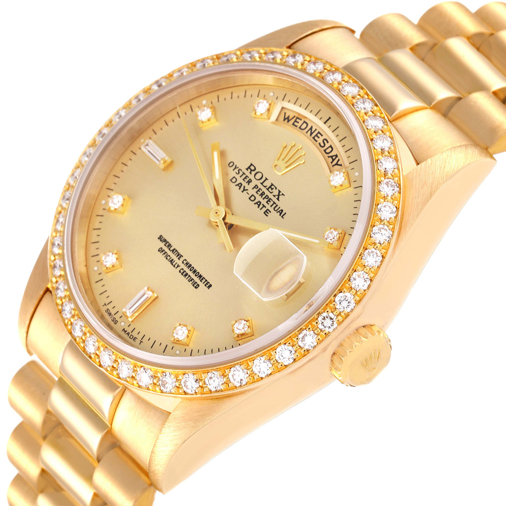 Rolex President Day Date 36mm Yellow Gold Diamond Mens Watch 18348 Box