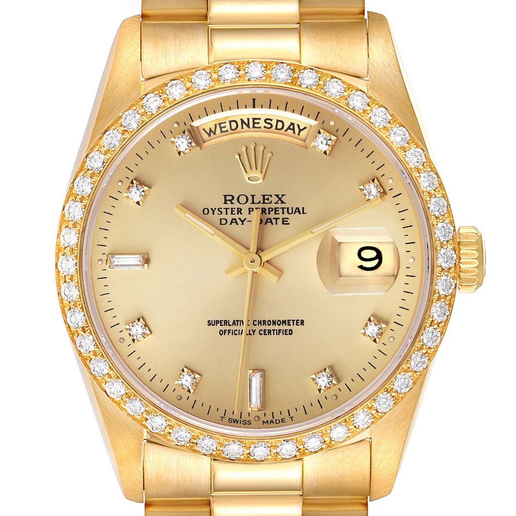 Rolex President Day Date 36mm Yellow Gold Diamond Mens Watch 18348 Box