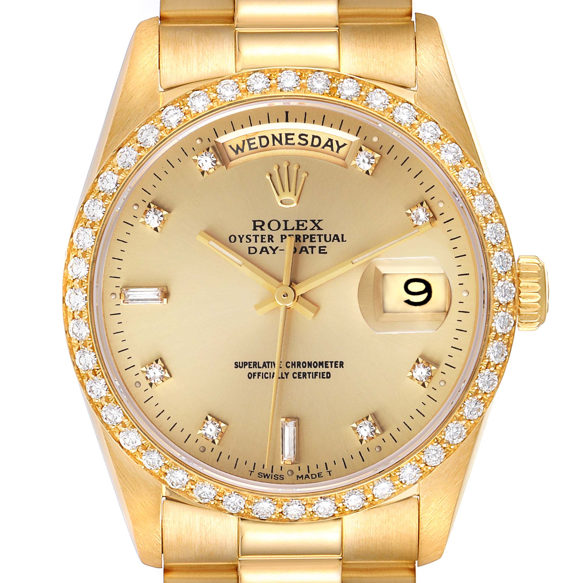 Rolex President Day Date 36mm Yellow Gold Diamond Mens Watch 18348 Box