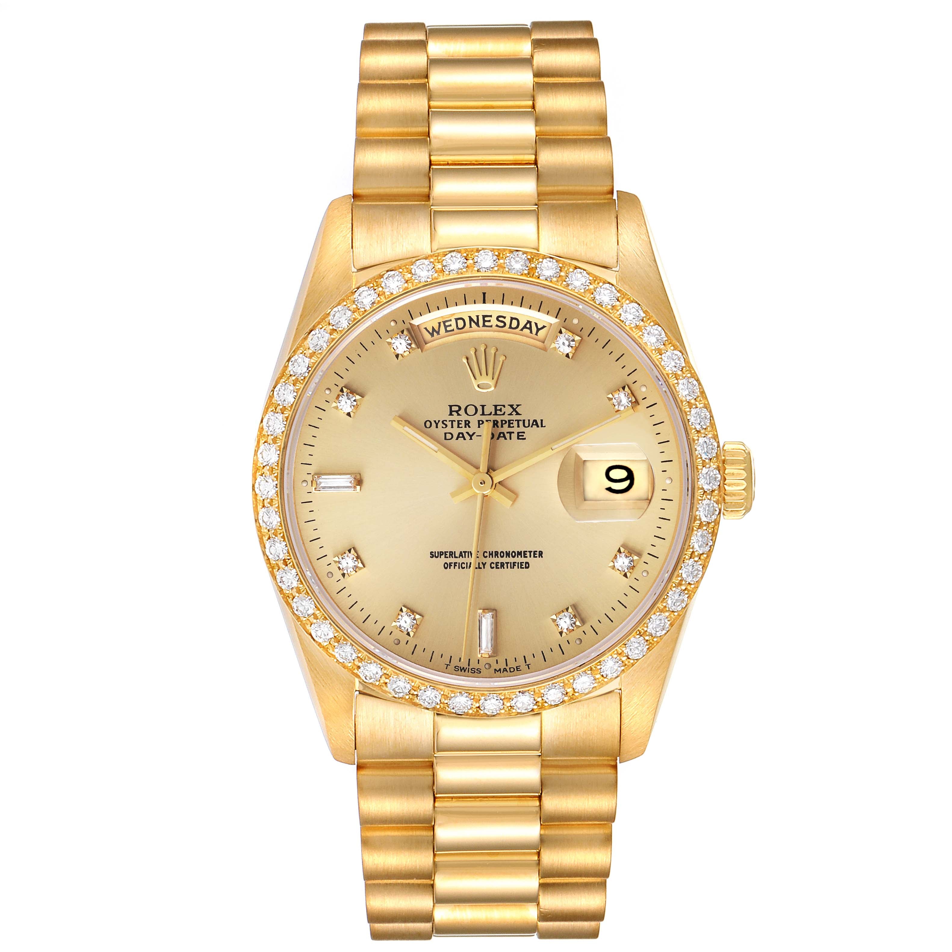 Rolex President Day Date 36mm Yellow Gold Diamond Mens Watch 18348 Box