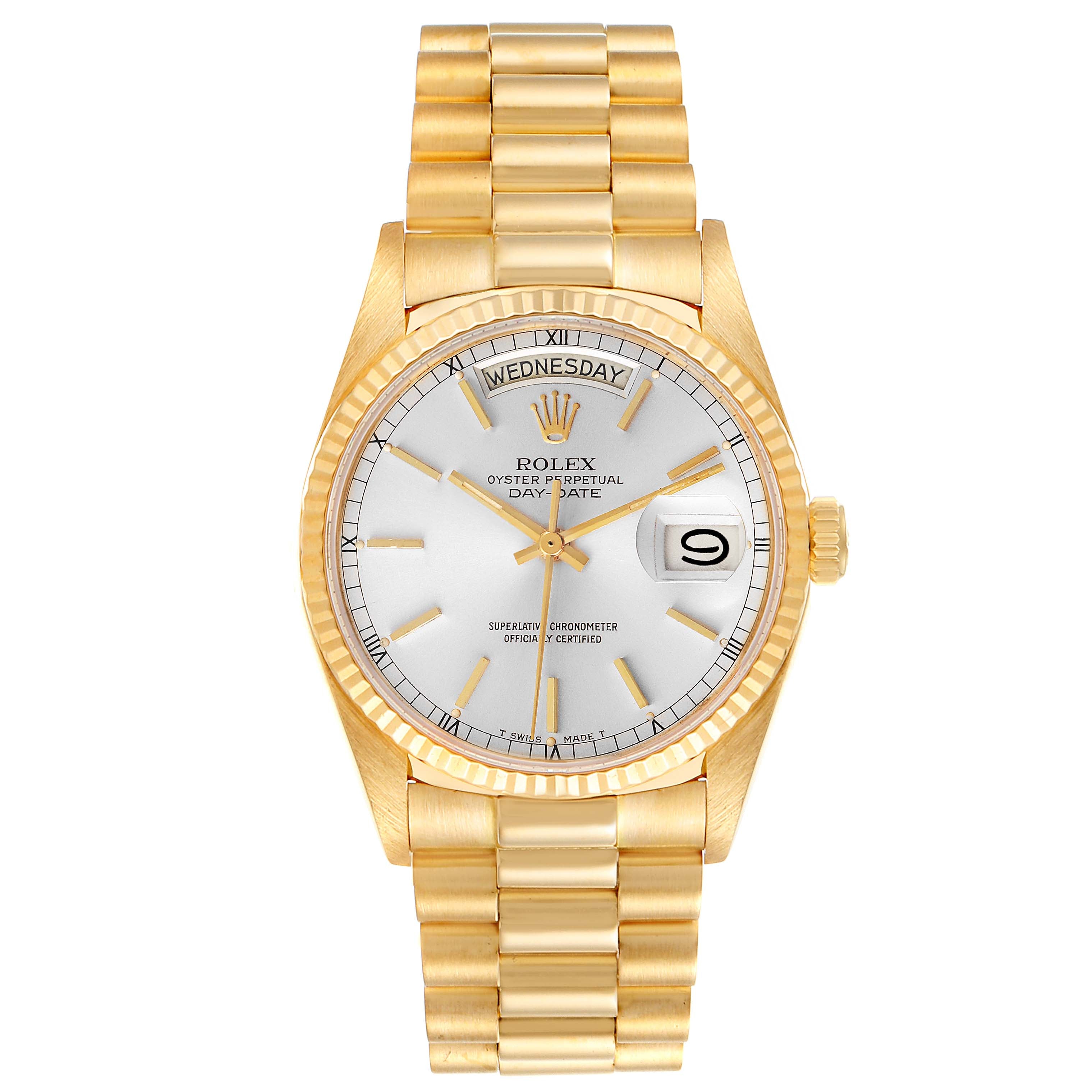 Rolex President Day-Date 36mm Yellow Gold Silver Dial Mens Watch 18038