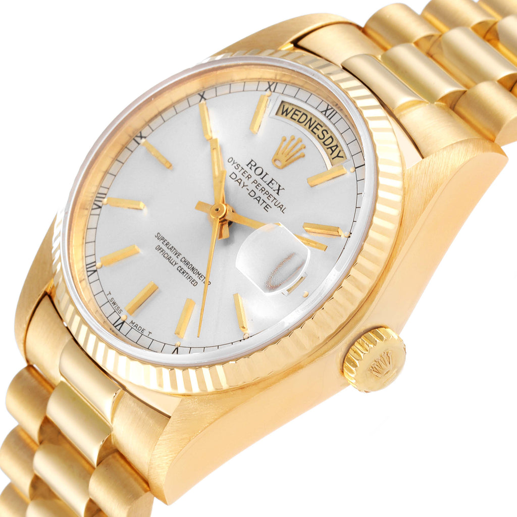 Rolex President Day-Date 36mm Yellow Gold Silver Dial Mens Watch 18038