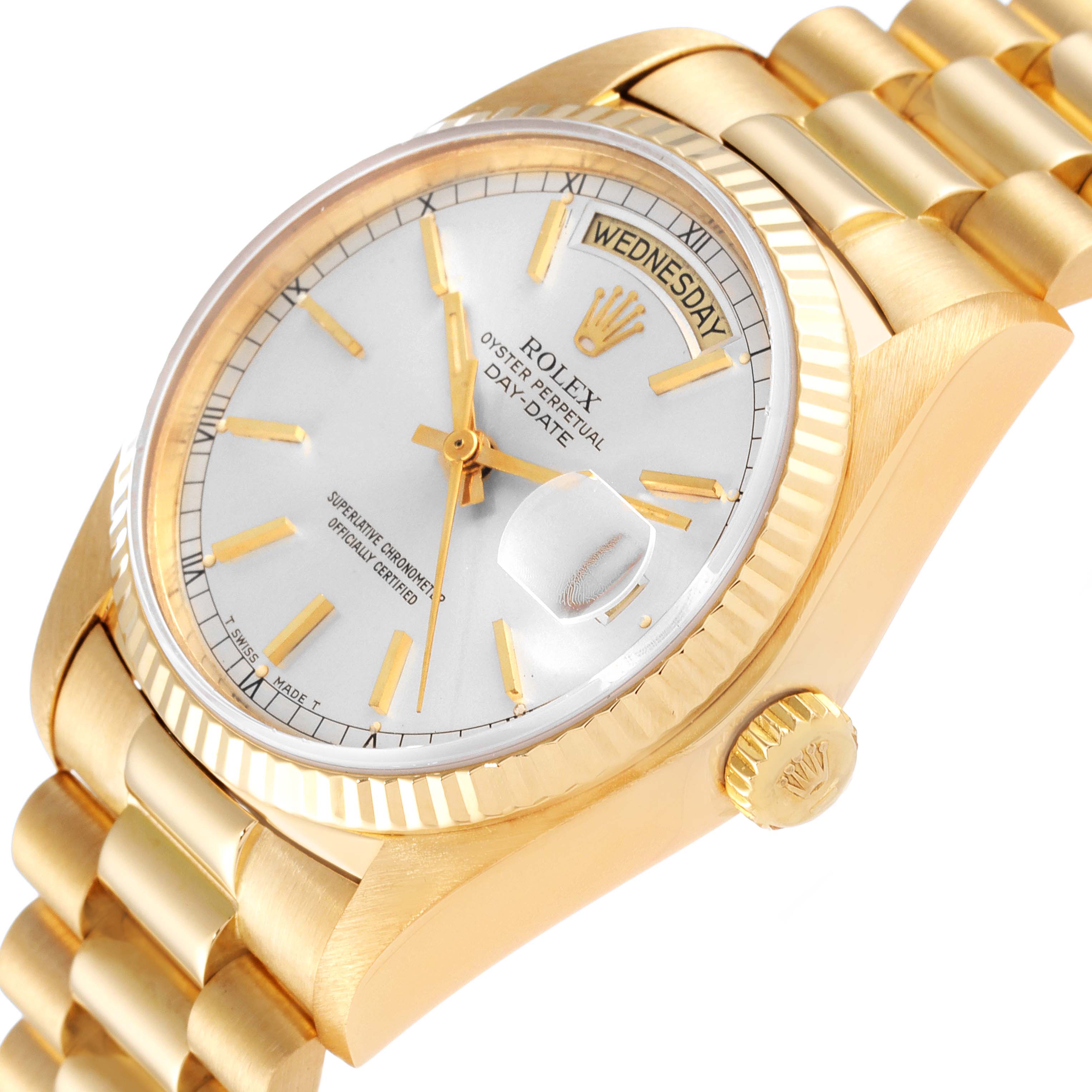 Rolex President Day-Date 36mm Yellow Gold Silver Dial Mens Watch 18038