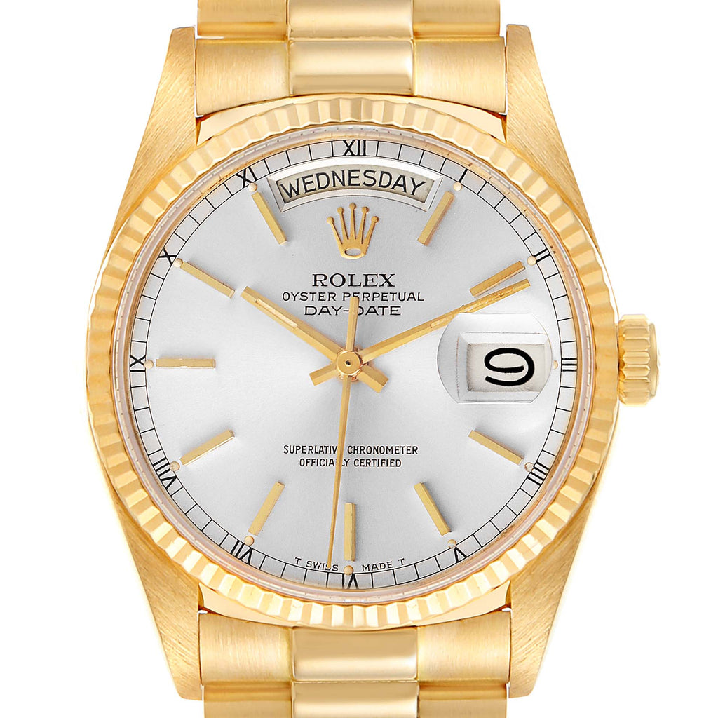 Rolex President Day-Date 36mm Yellow Gold Silver Dial Mens Watch 18038