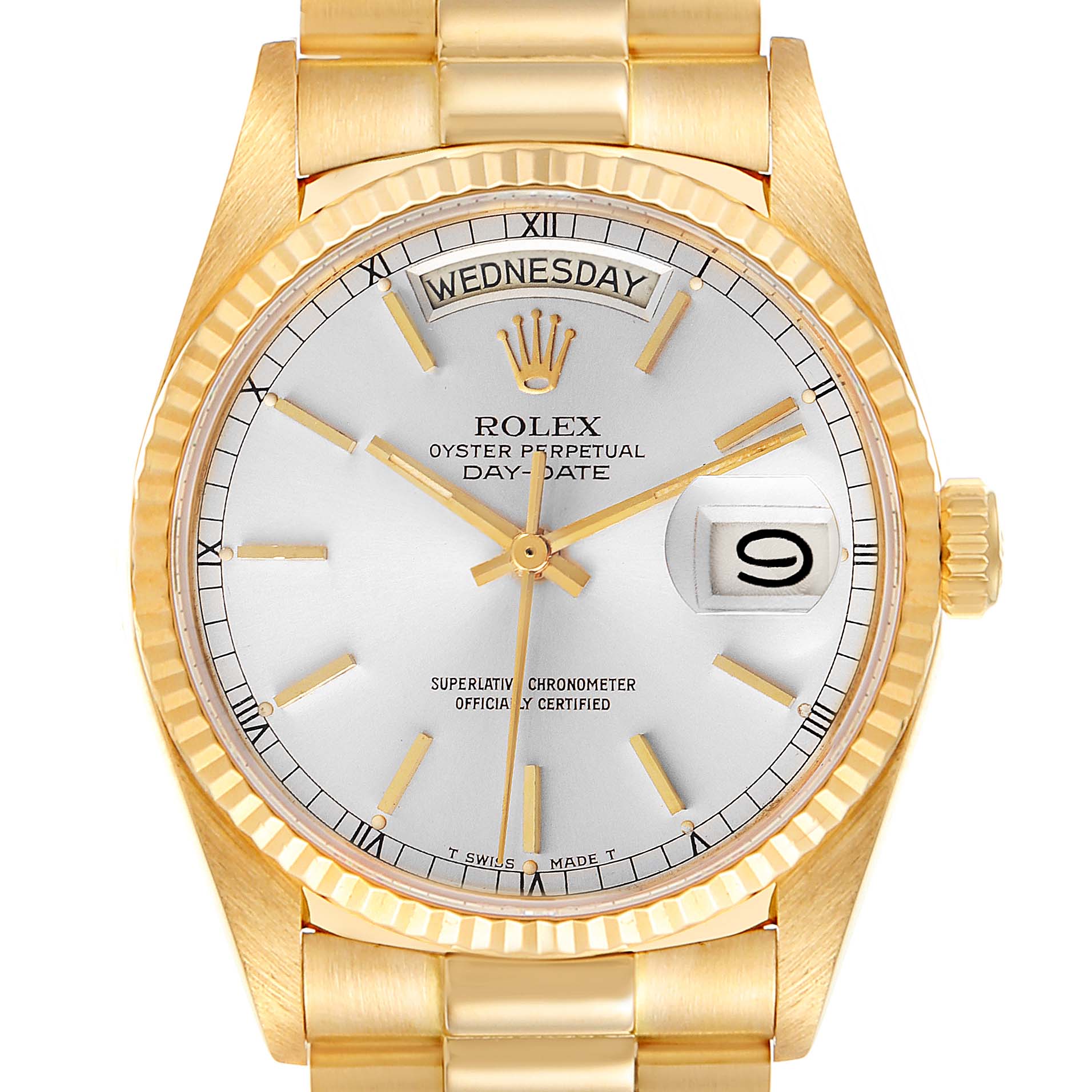 Rolex President Day-Date 36mm Yellow Gold Silver Dial Mens Watch 18038