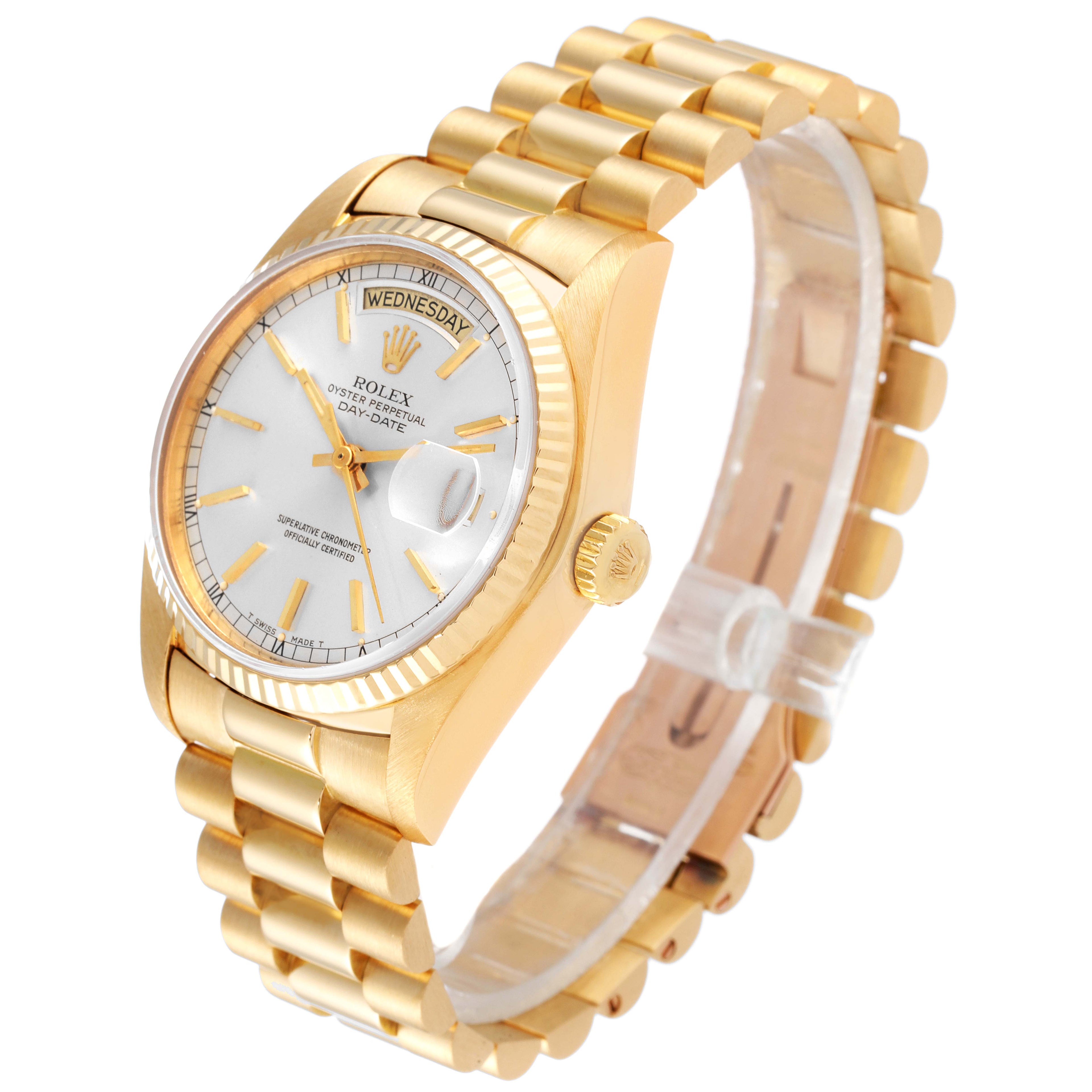 Rolex President Day-Date 36mm Yellow Gold Silver Dial Mens Watch 18038