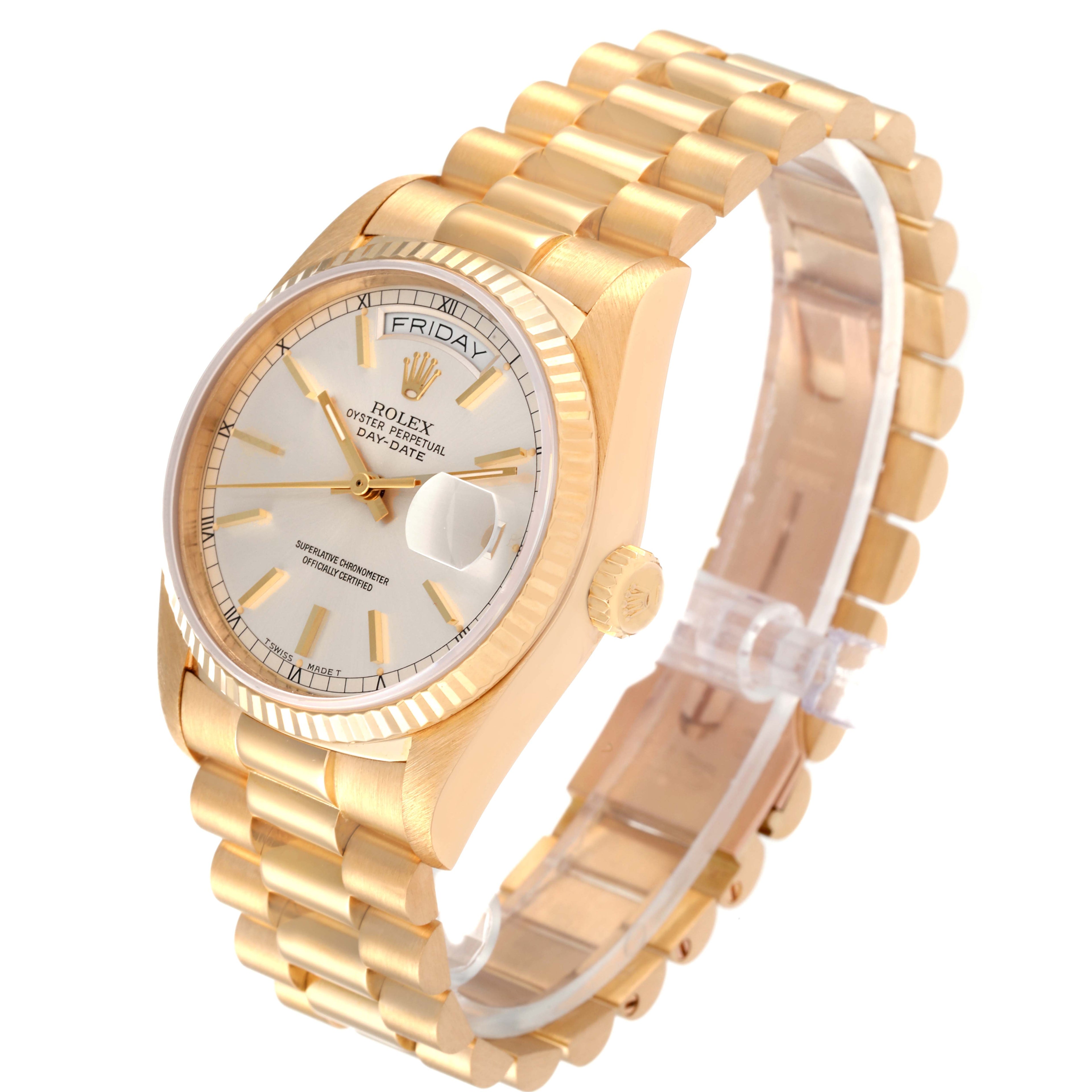 Rolex President Day-Date 36mm Yellow Gold Silver Dial Watch 18038