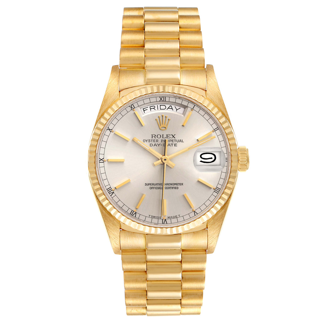 Rolex President Day-Date 36mm Yellow Gold Silver Dial Watch 18038