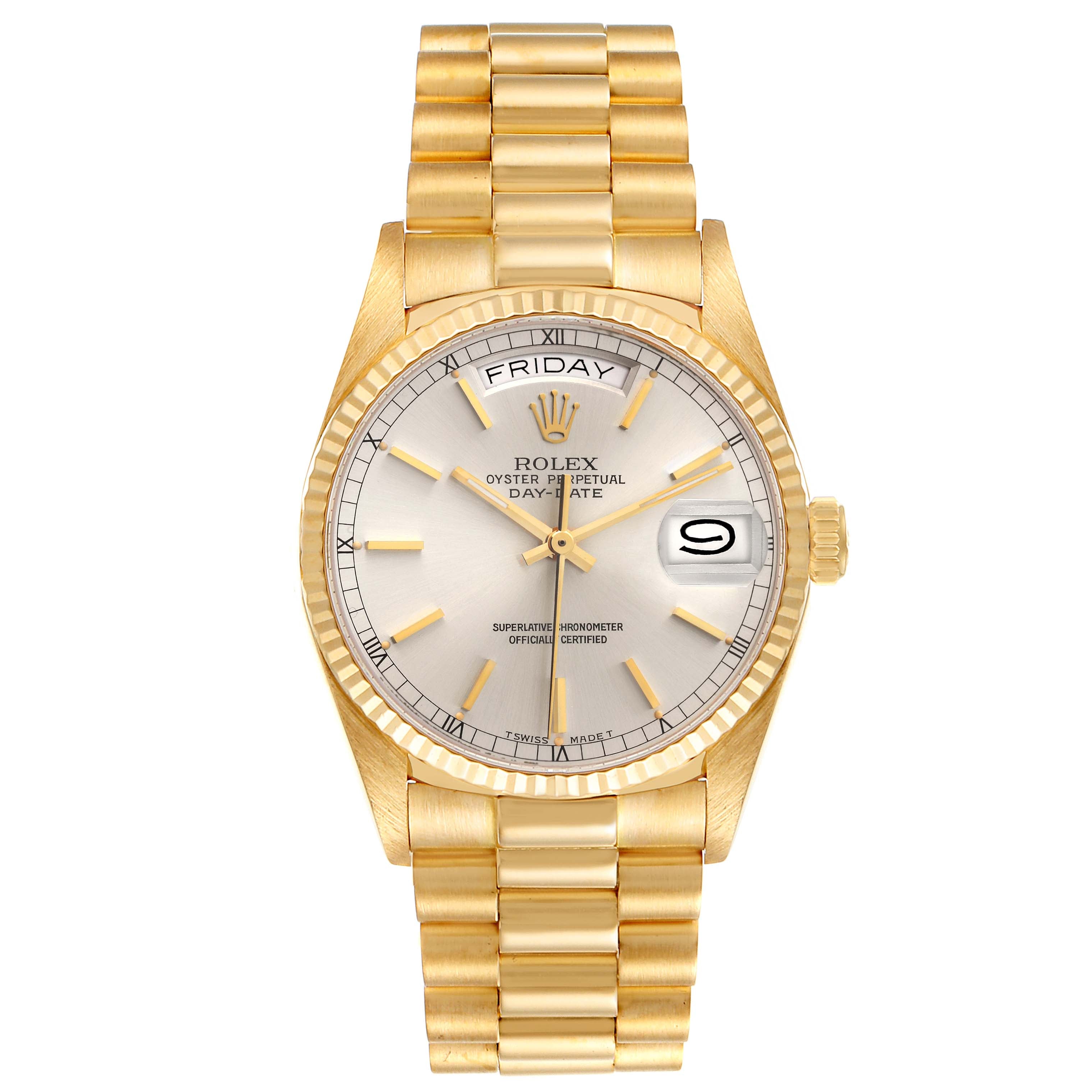 Rolex President Day-Date 36mm Yellow Gold Silver Dial Watch 18038