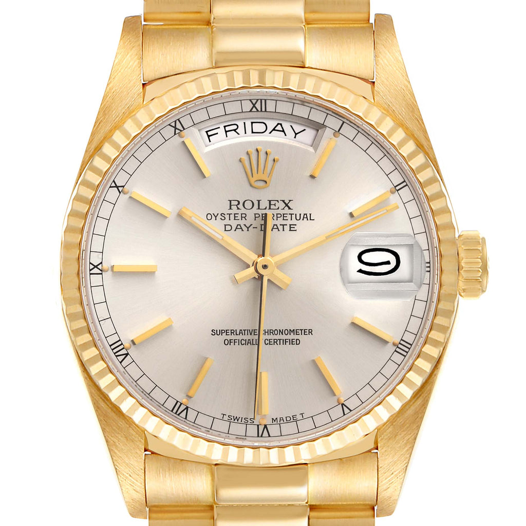 Rolex President Day-Date 36mm Yellow Gold Silver Dial Watch 18038