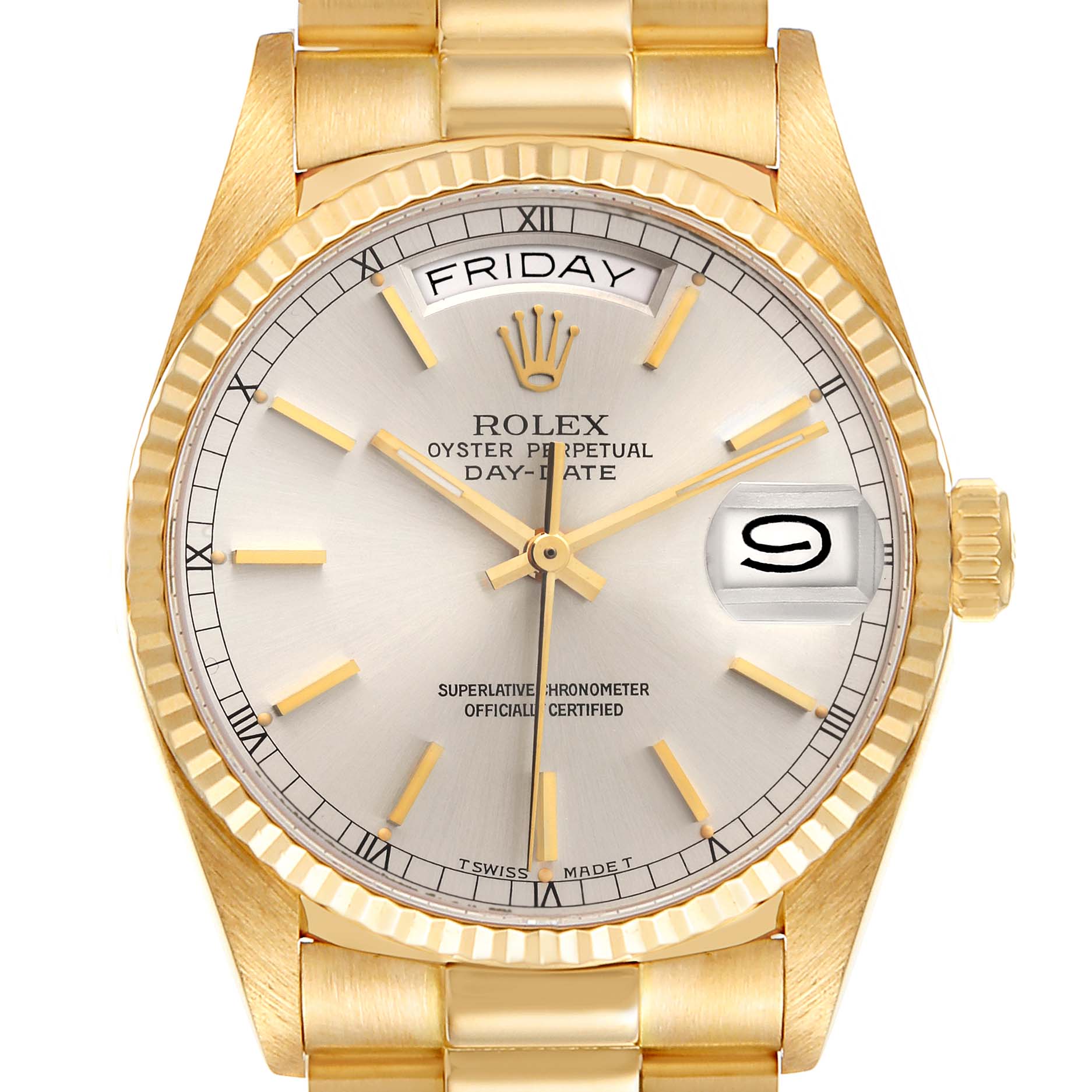 Rolex President Day-Date 36mm Yellow Gold Silver Dial Watch 18038