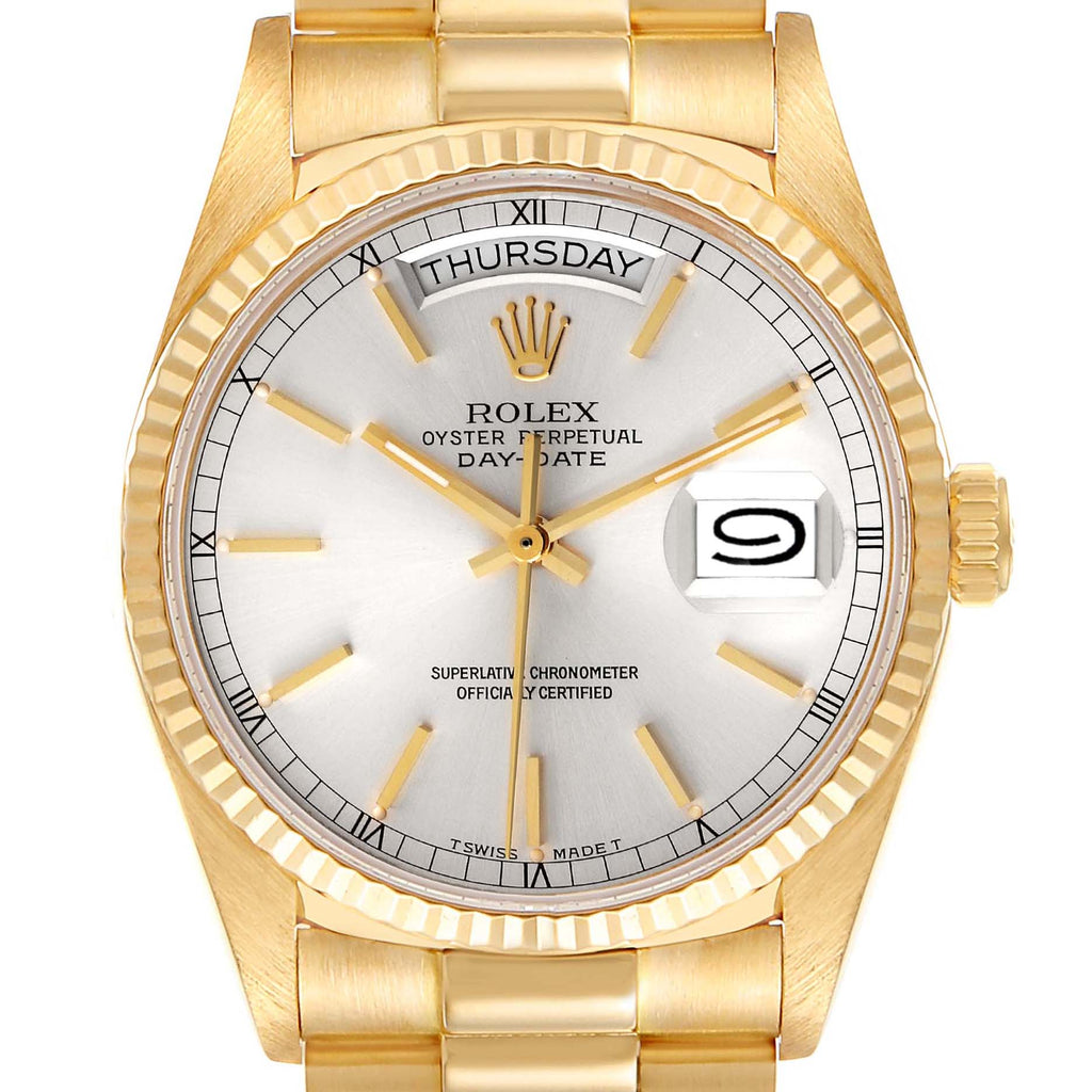 Rolex President Day-Date 36mm Yellow Gold Silver Dial Watch 18038 Box Papers