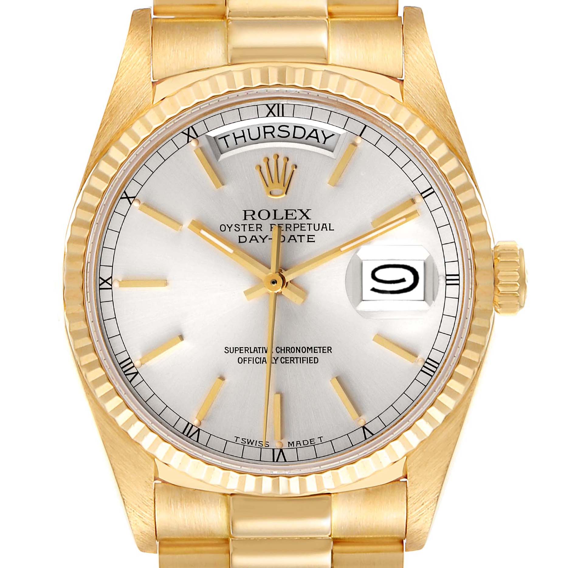 Rolex President Day-Date 36mm Yellow Gold Silver Dial Watch 18038 Box Papers