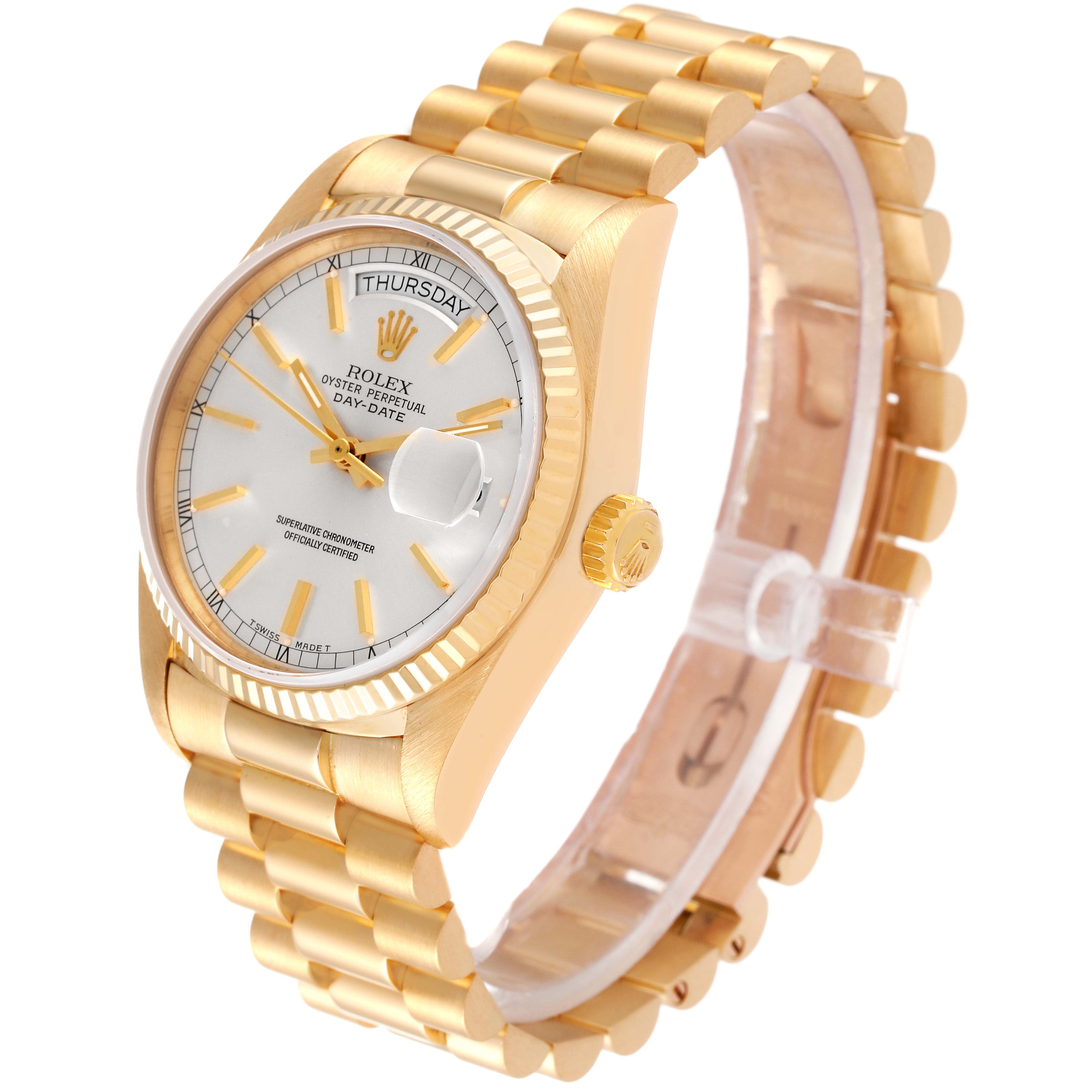 Rolex President Day-Date 36mm Yellow Gold Silver Dial Watch 18038 Box Papers