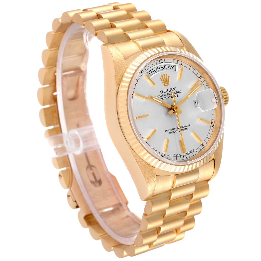 Rolex President Day-Date 36mm Yellow Gold Silver Dial Watch 18038 Box Papers