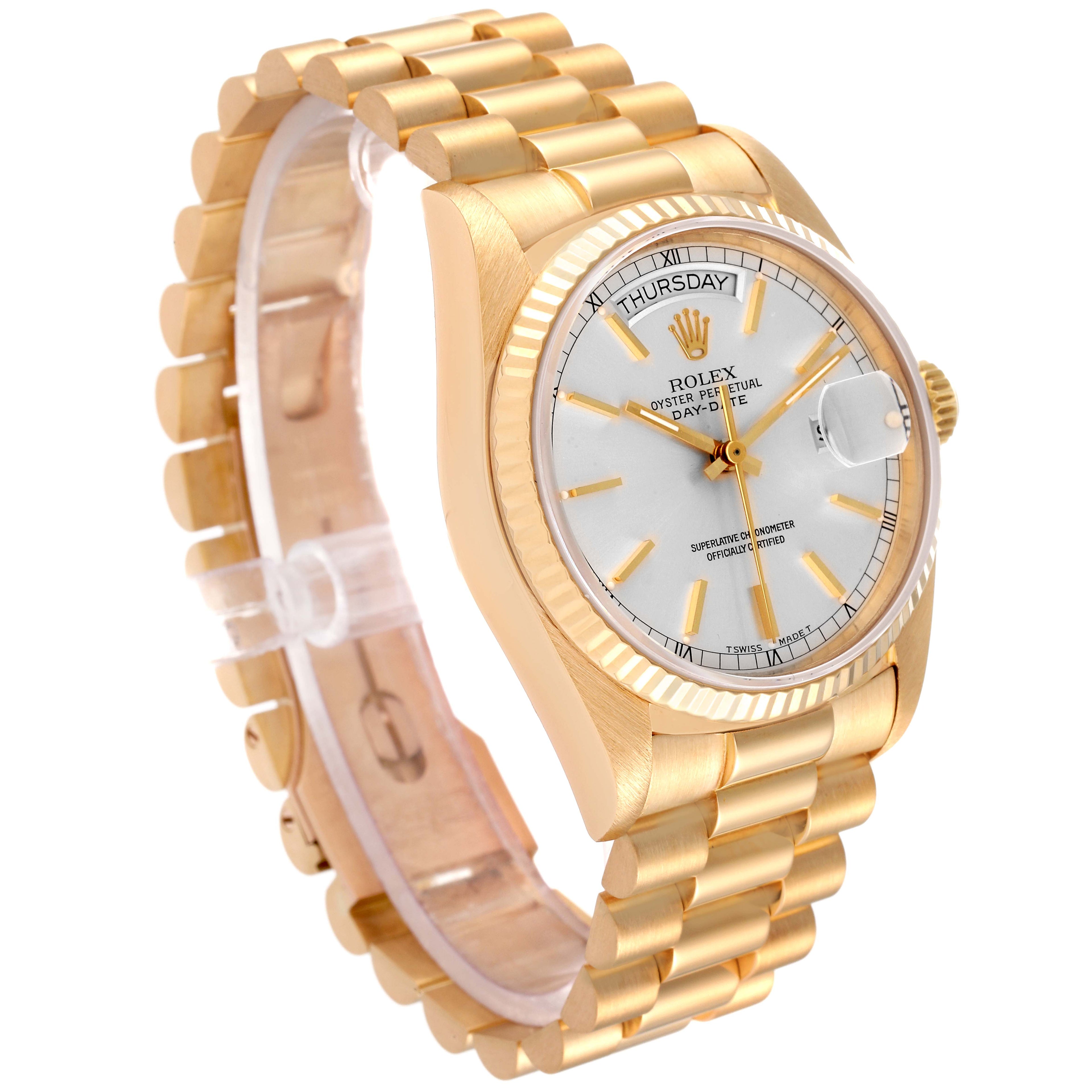 Rolex President Day-Date 36mm Yellow Gold Silver Dial Watch 18038 Box Papers