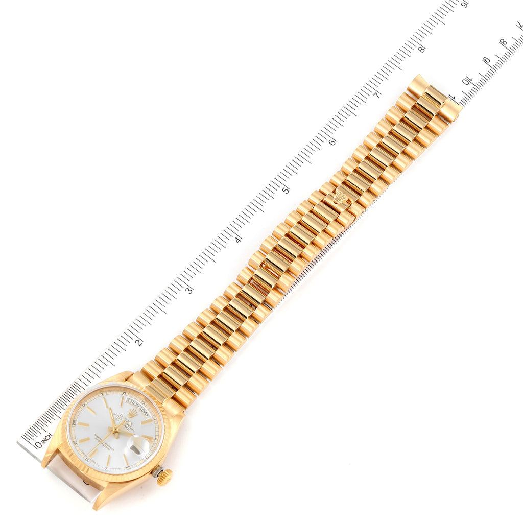 Rolex President Day-Date 36mm Yellow Gold Silver Dial Watch 18038 Box Papers