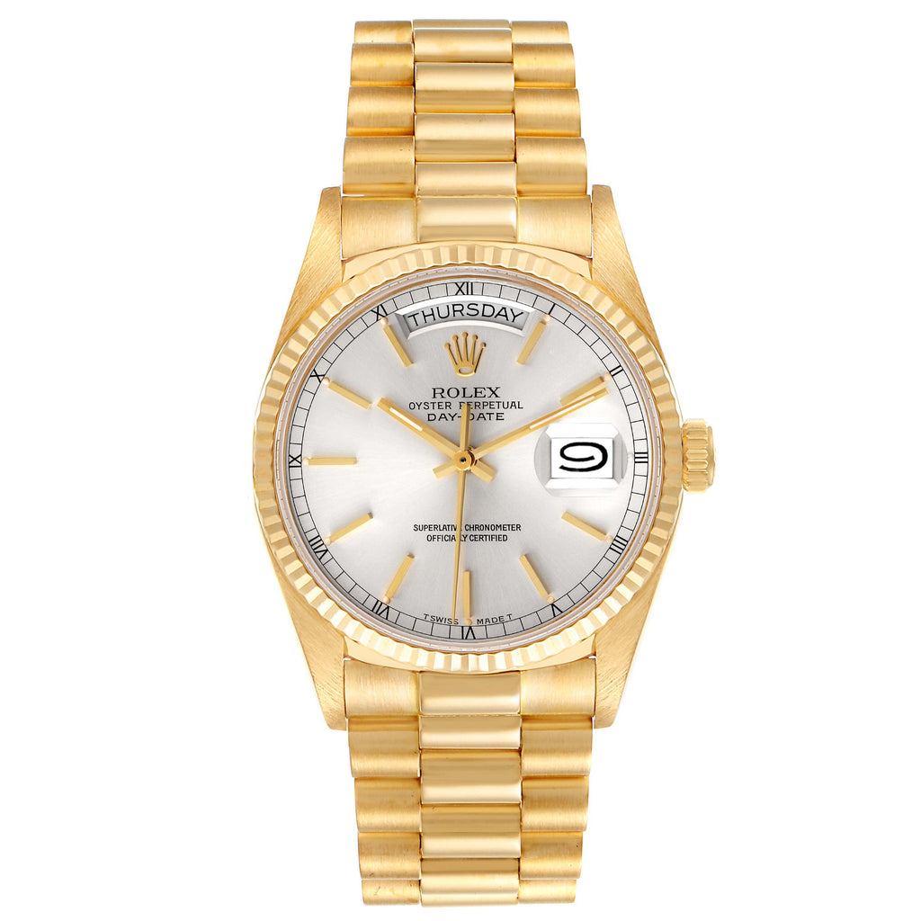 Rolex President Day-Date 36mm Yellow Gold Silver Dial Watch 18038 Box Papers