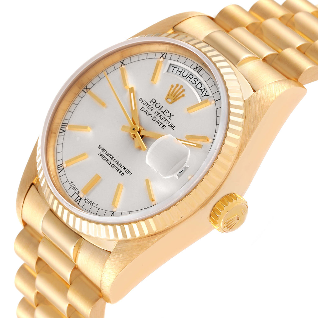 Rolex President Day-Date 36mm Yellow Gold Silver Dial Watch 18038 Box Papers