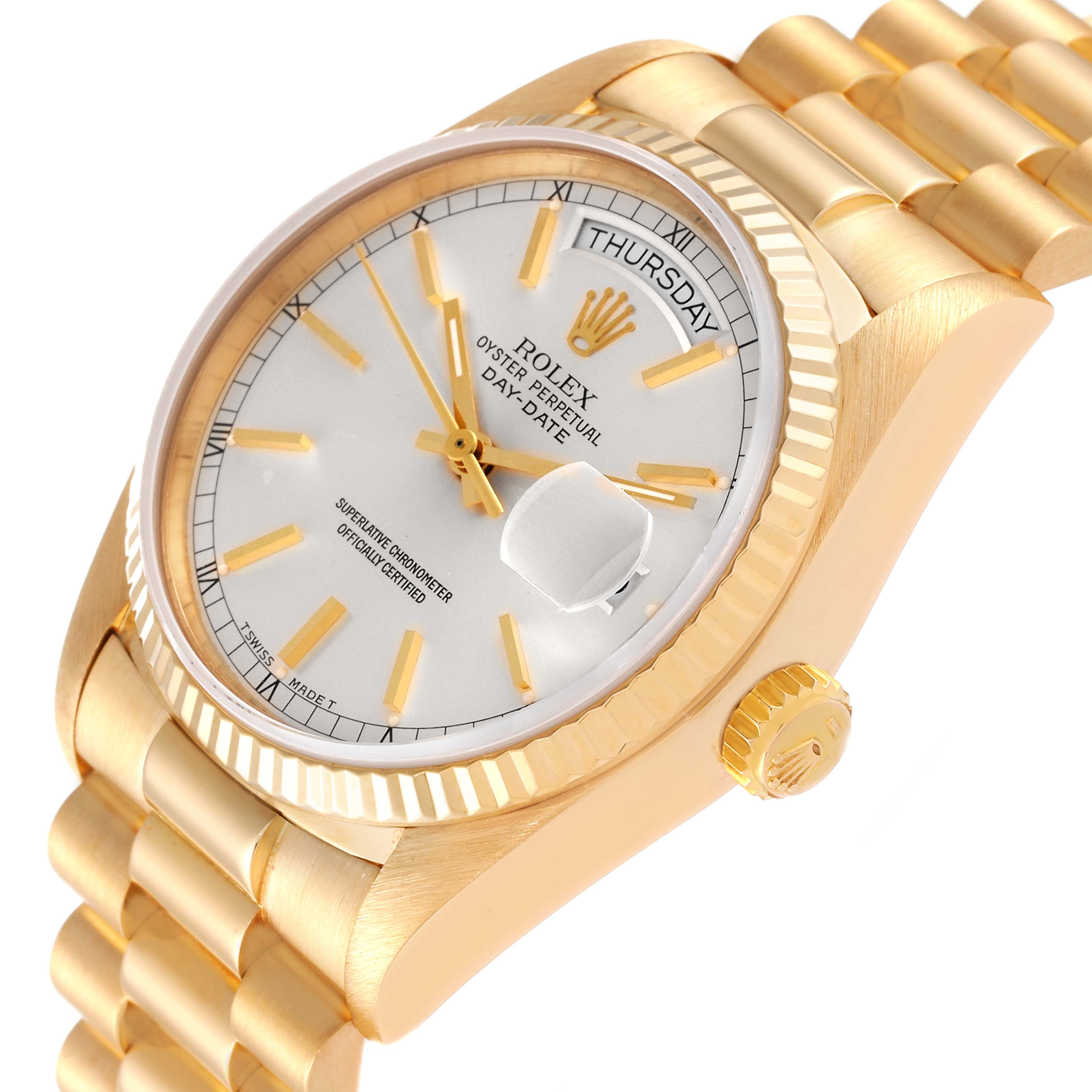 Rolex President Day-Date 36mm Yellow Gold Silver Dial Watch 18038 Box Papers