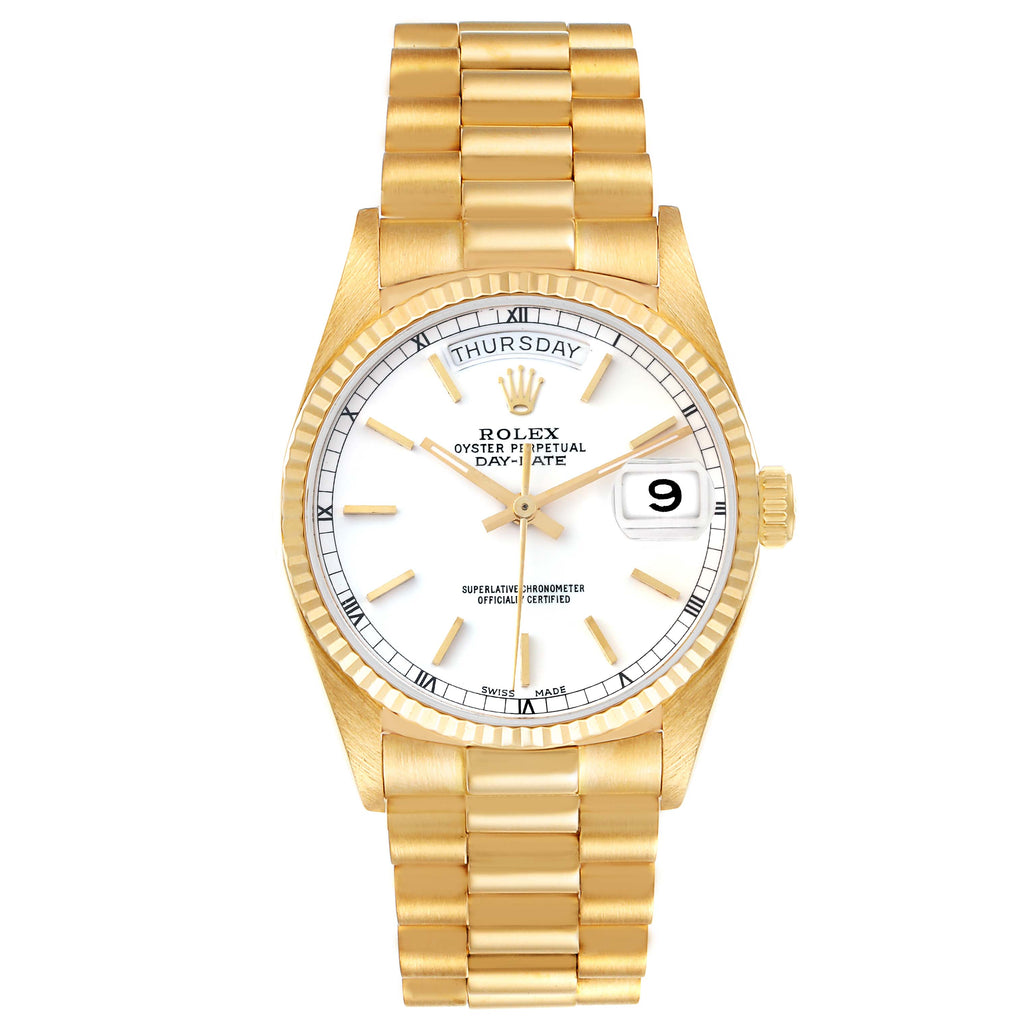 Rolex President Day-Date 36mm Yellow Gold White Dial Mens Watch 18038