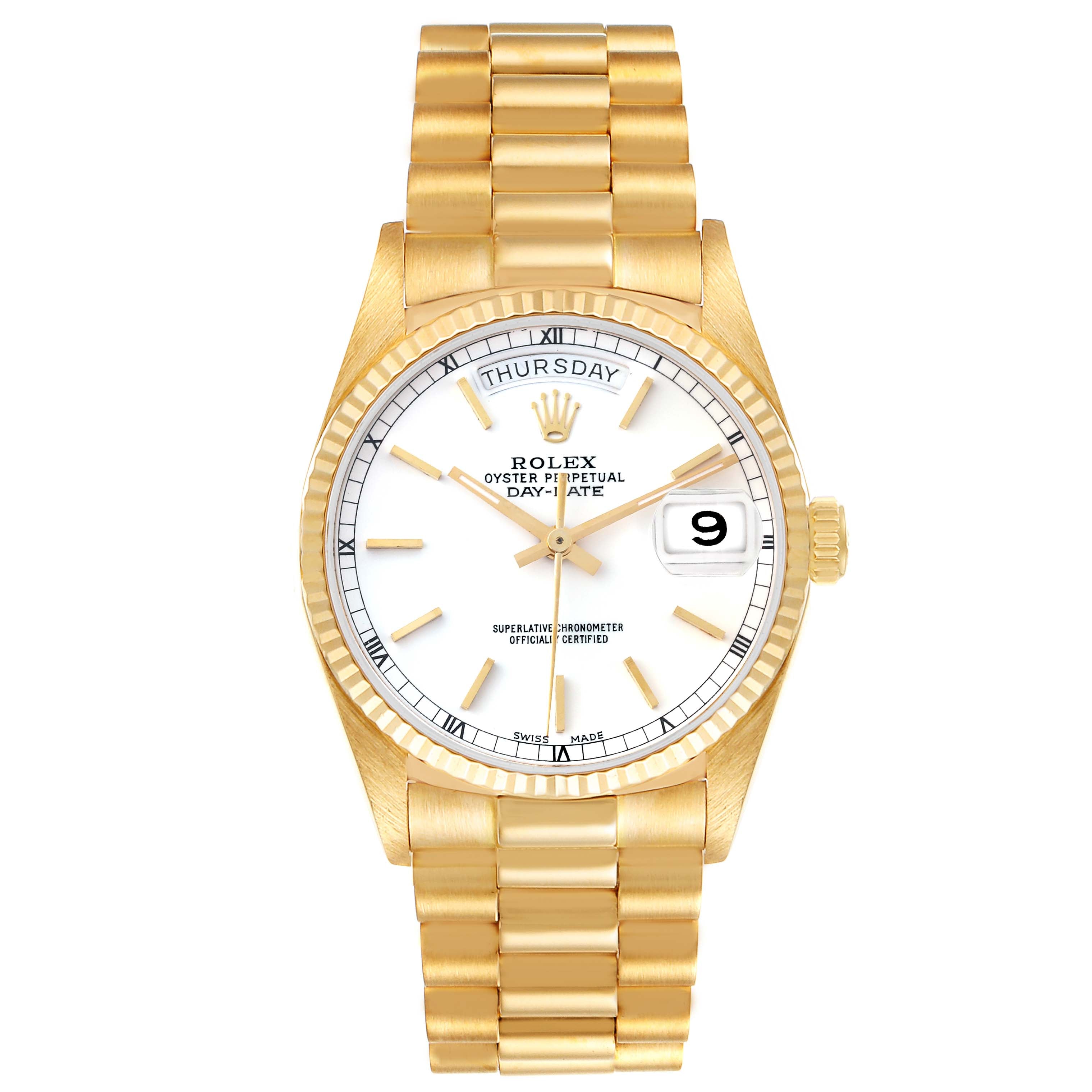Rolex President Day-Date 36mm Yellow Gold White Dial Mens Watch 18038