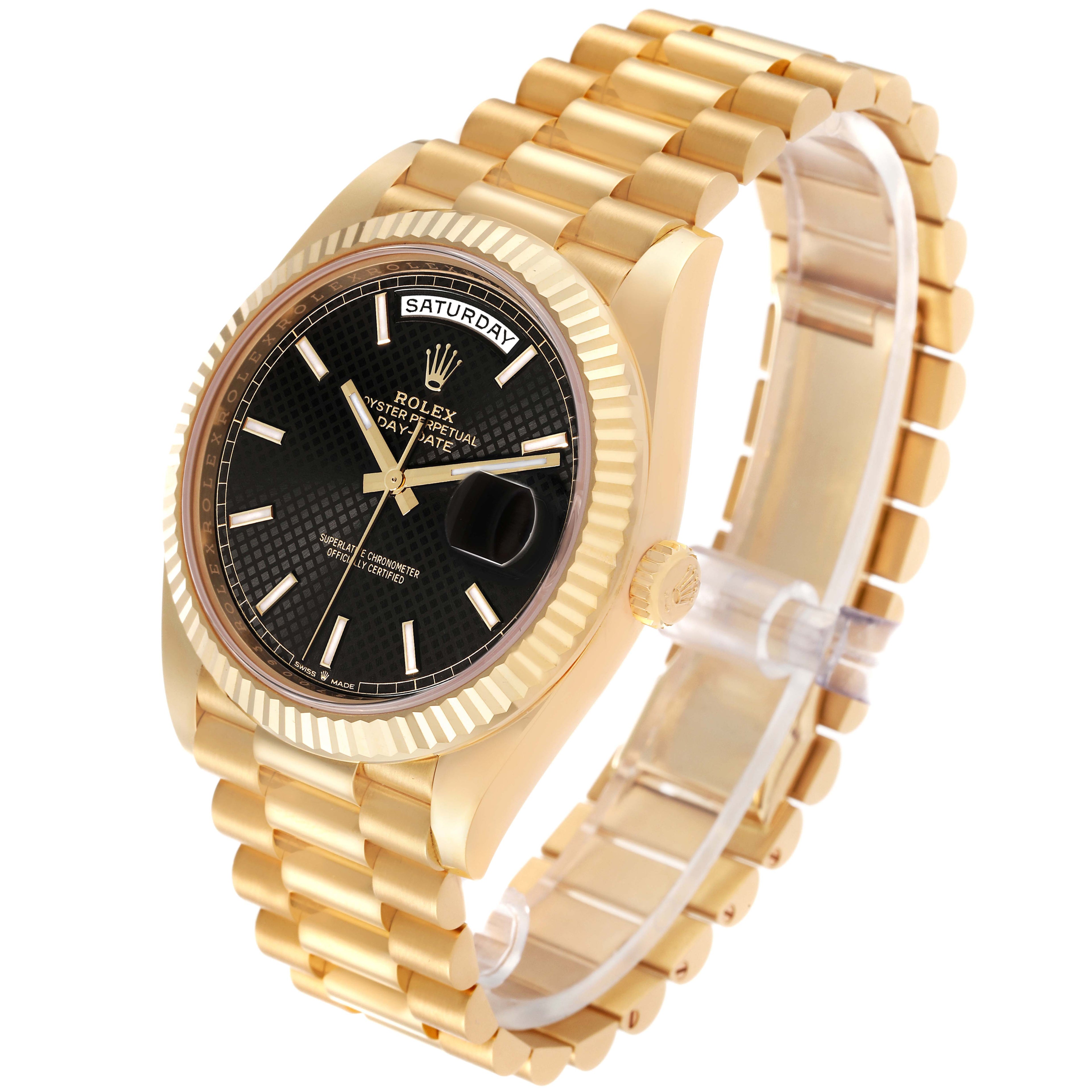 Rolex President Day-Date 40 Black Diagonal Dial Yellow Gold Mens Watch 228238 Box Card