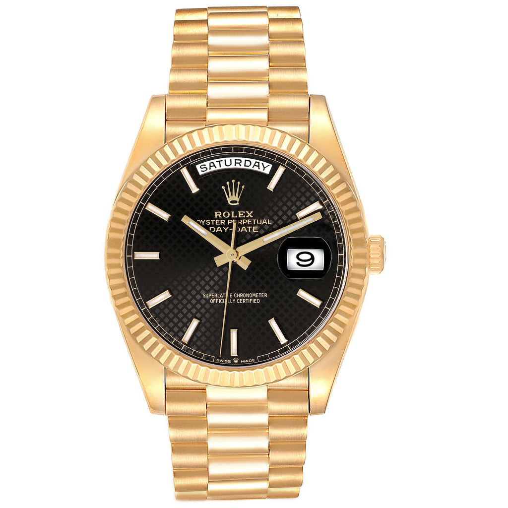 Rolex President Day-Date 40 Black Diagonal Dial Yellow Gold Mens Watch 228238 Box Card