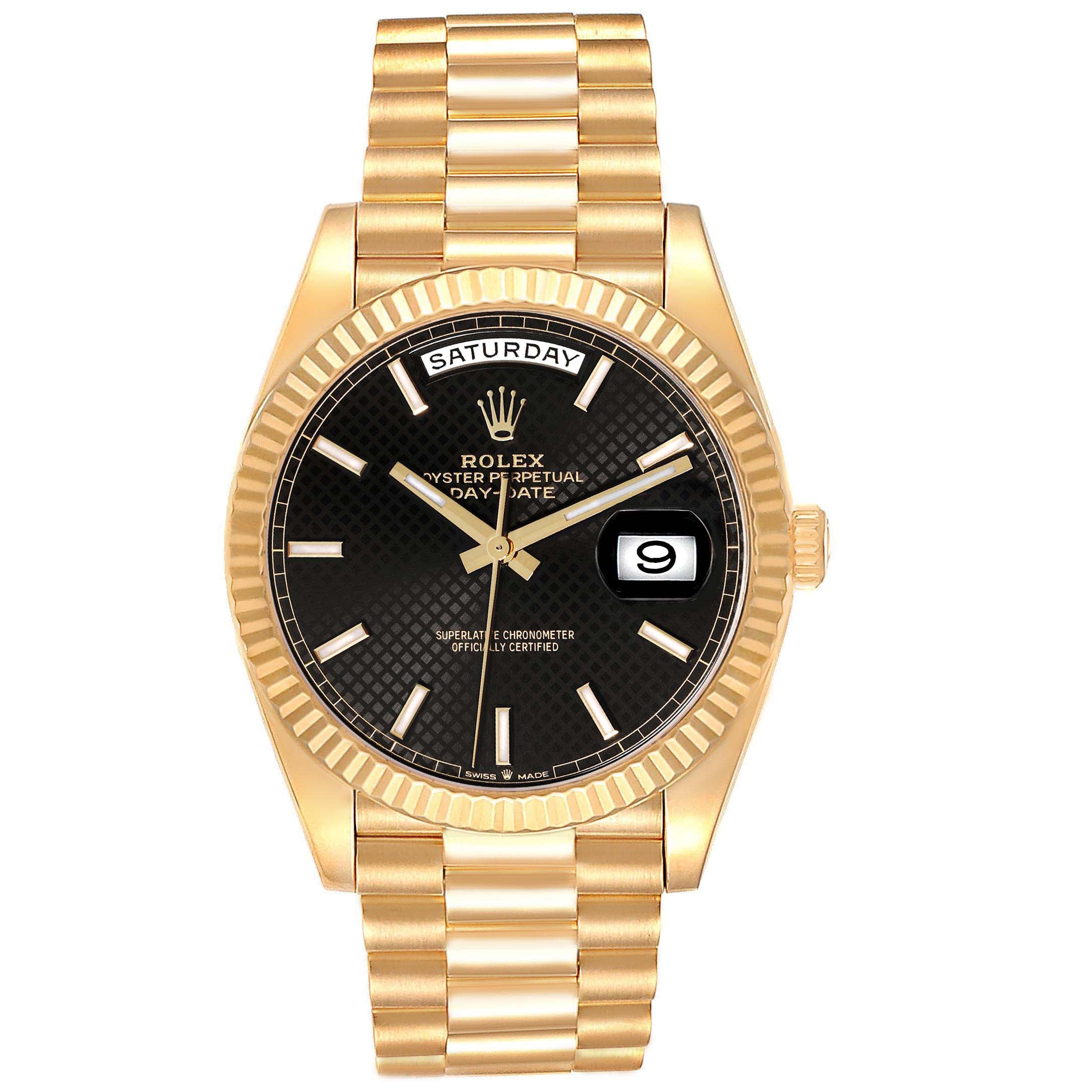Rolex President Day-Date 40 Black Diagonal Dial Yellow Gold Mens Watch 228238 Box Card