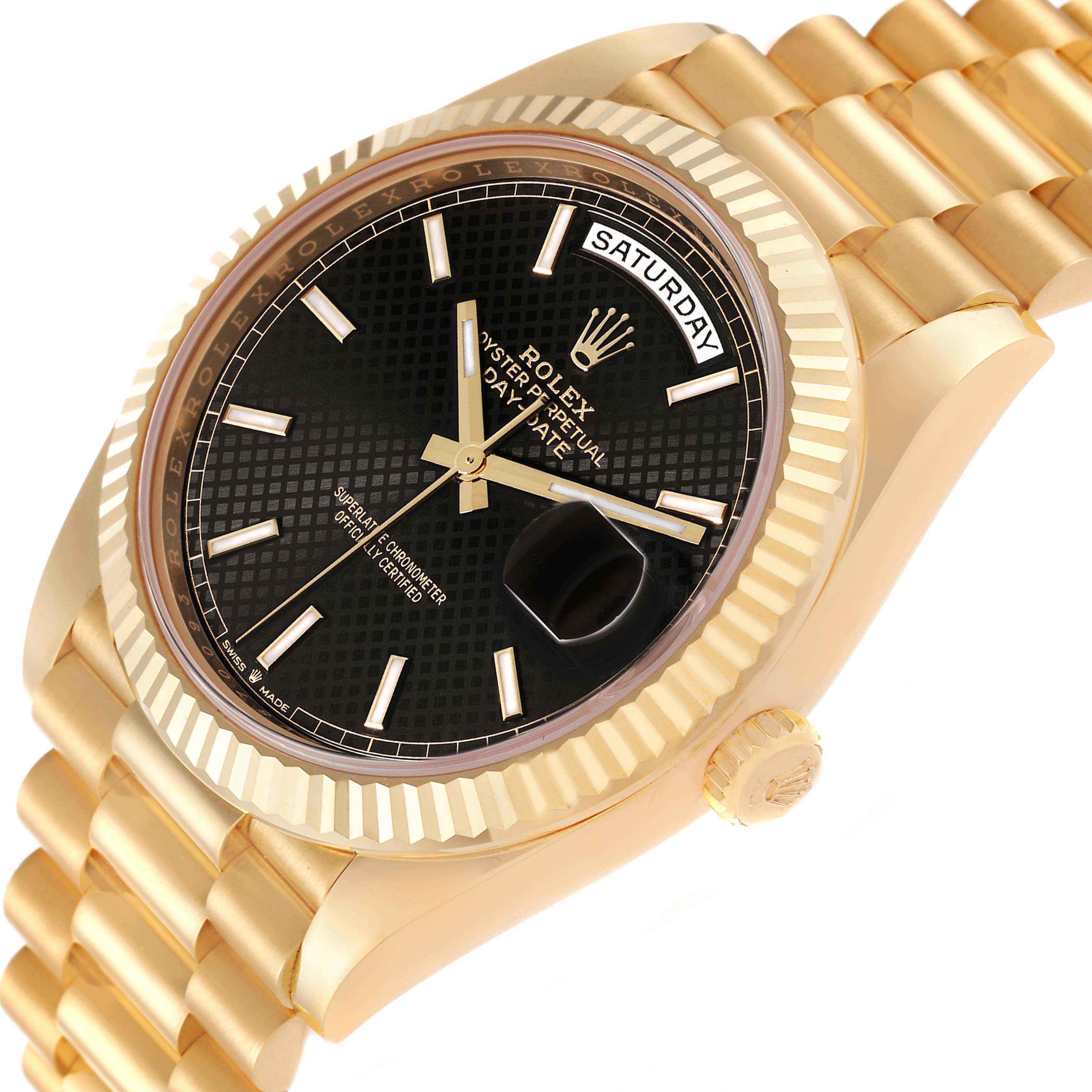 Rolex President Day-Date 40 Black Diagonal Dial Yellow Gold Mens Watch 228238 Box Card